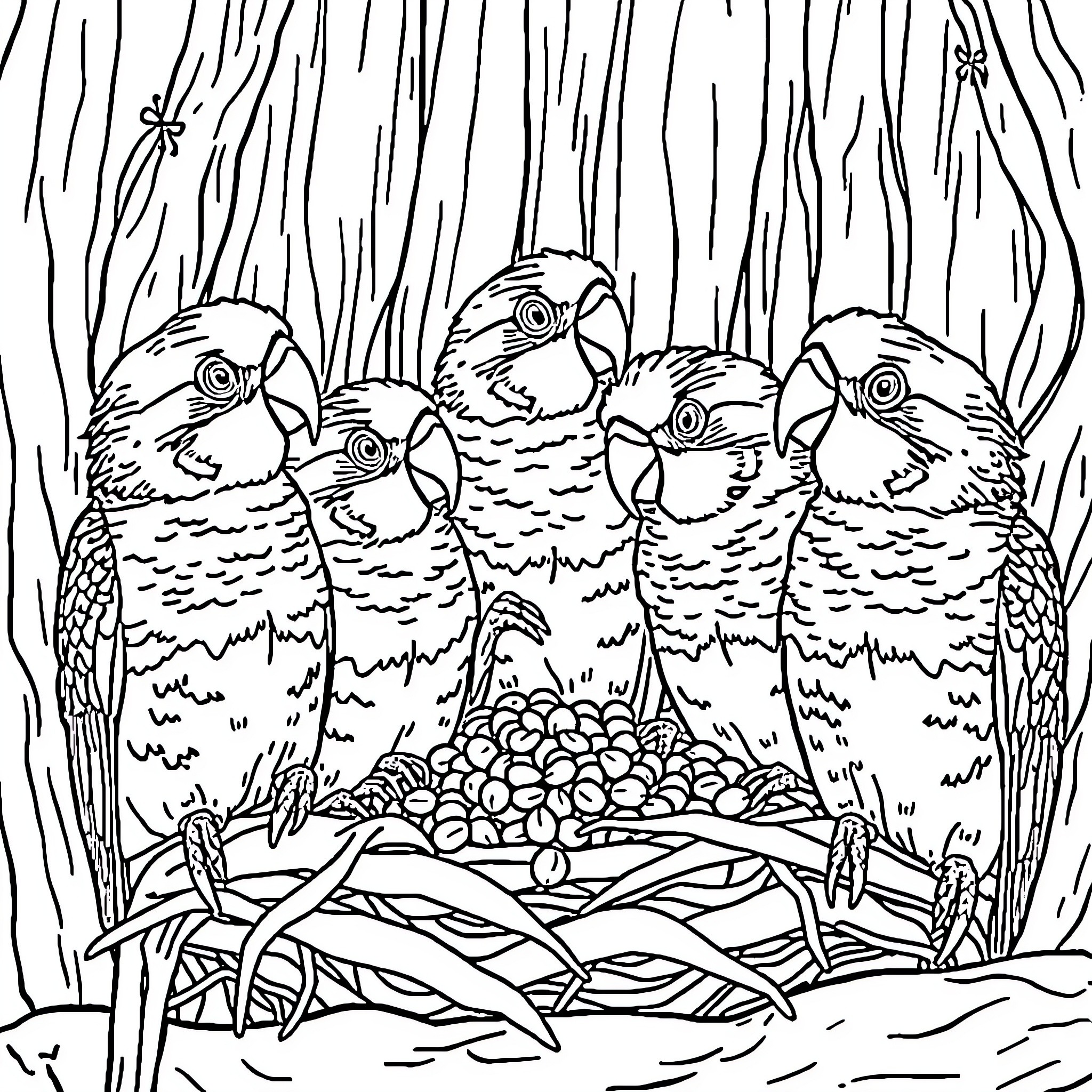Quaker Parrot family enjoying nest in lush foliage Coloring Page (free black-and-white line drawing printable PDF for all, from beginners to advanced learners, including children, teens, adults, and seniors)