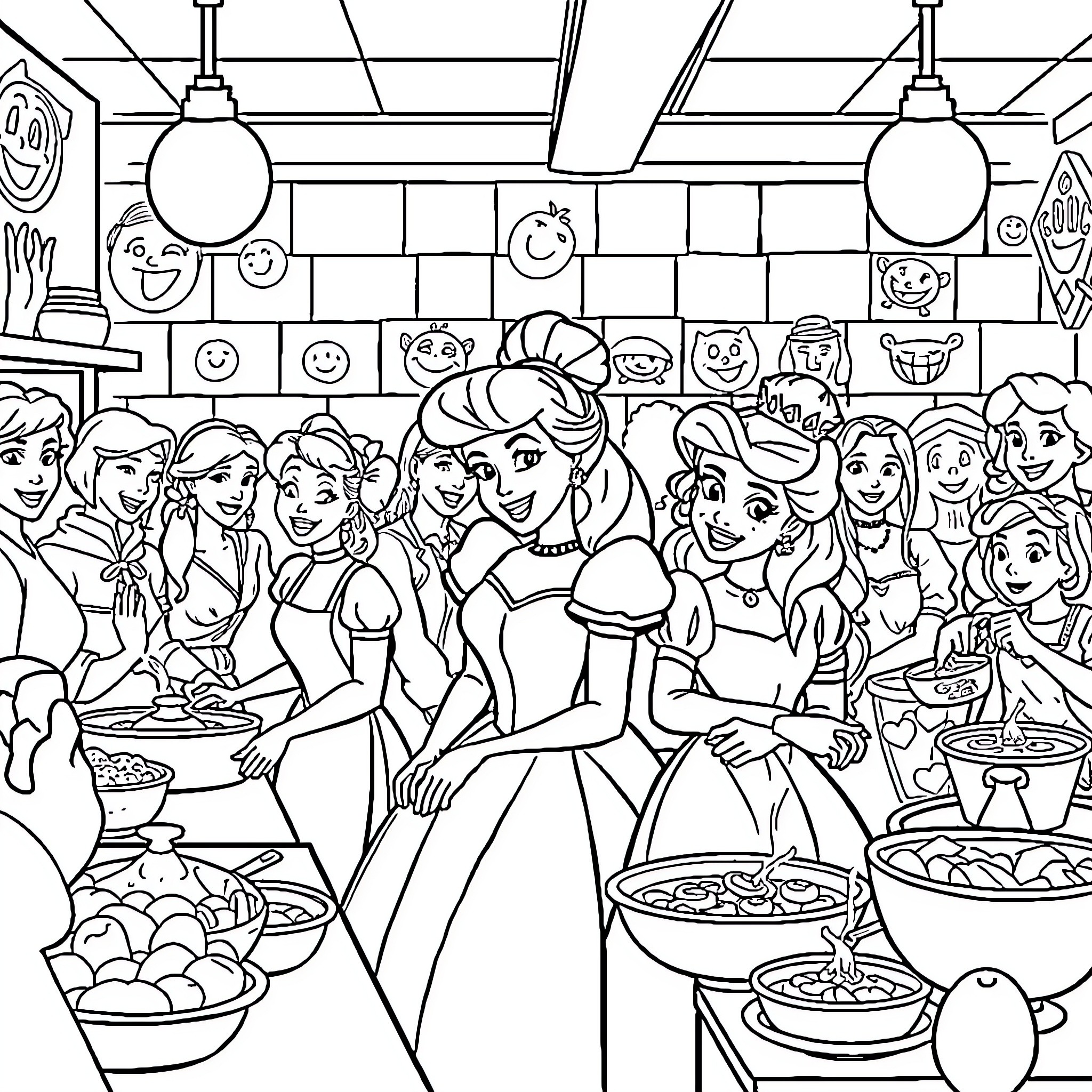 Disney Princesses Hosting a Lively Party Coloring Page (free black-and-white line drawing printable PDF for all, from beginners to advanced learners, including children, teens, adults, and seniors)