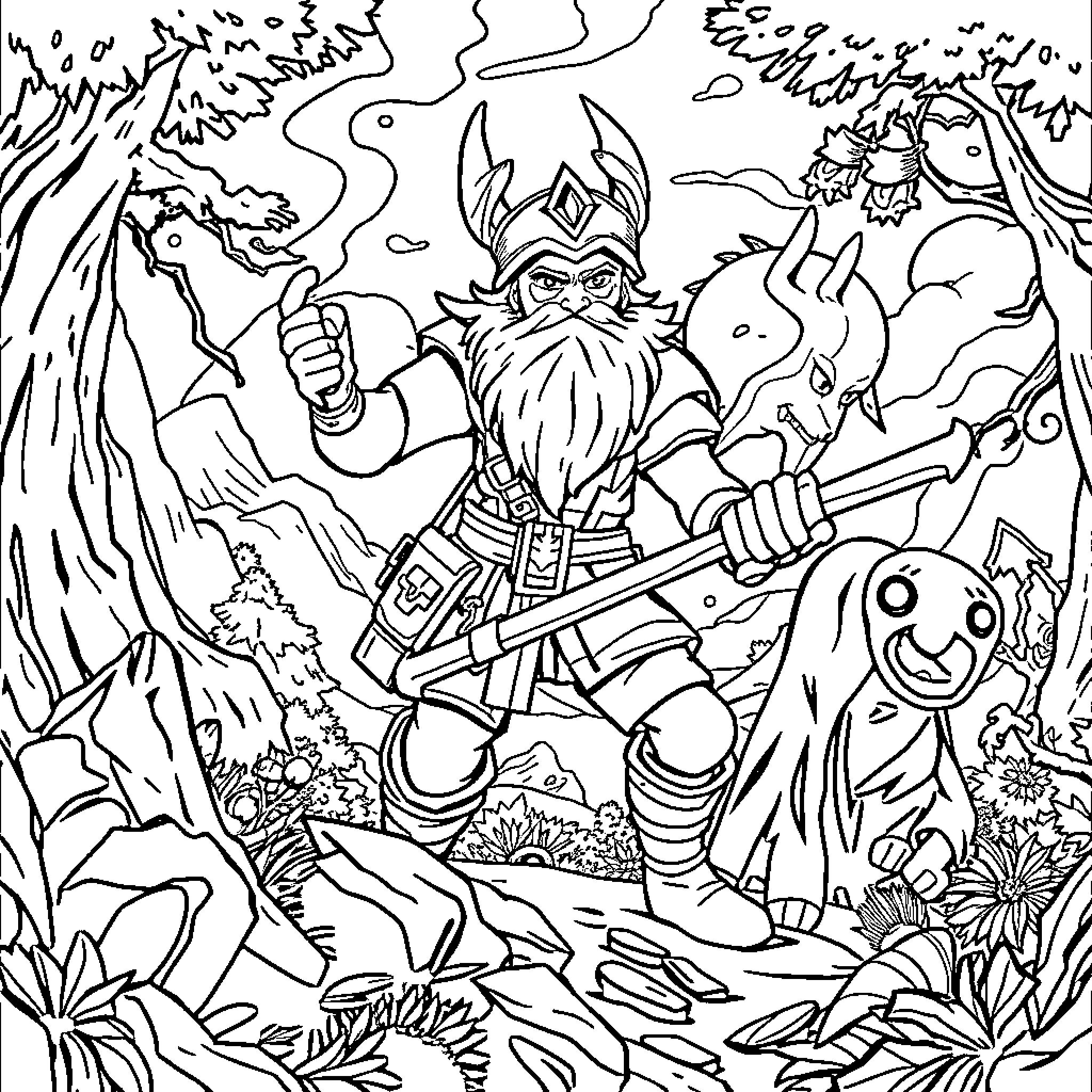 Huntrix's Whimsical Adventure in the Enchanted Forest Coloring Page (free black-and-white line drawing printable PDF for all, from beginners to advanced learners, including children, teens, adults, and seniors)