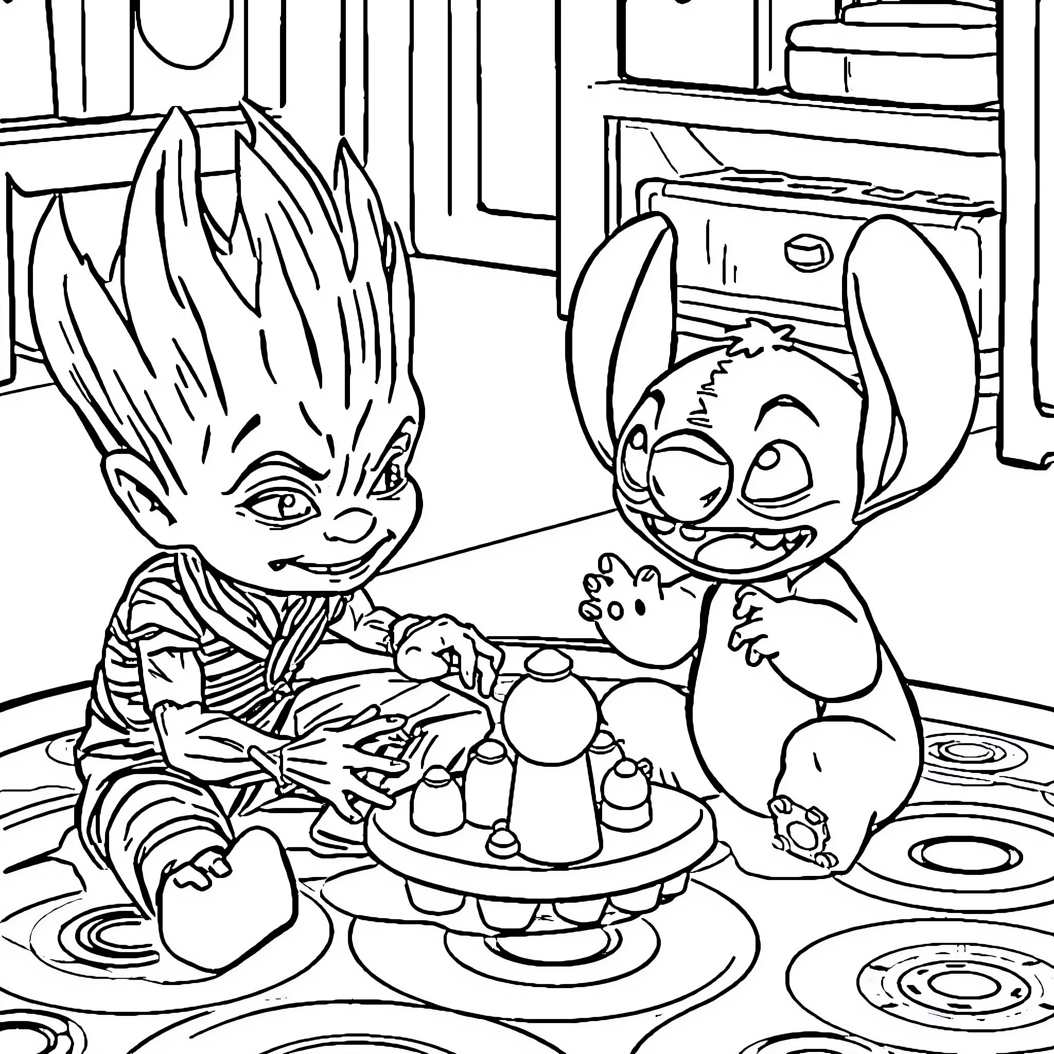 Groot and Stitch sharing a snack together Coloring Page (free black-and-white line drawing printable PDF for all, from beginners to advanced learners, including children, teens, adults, and seniors)