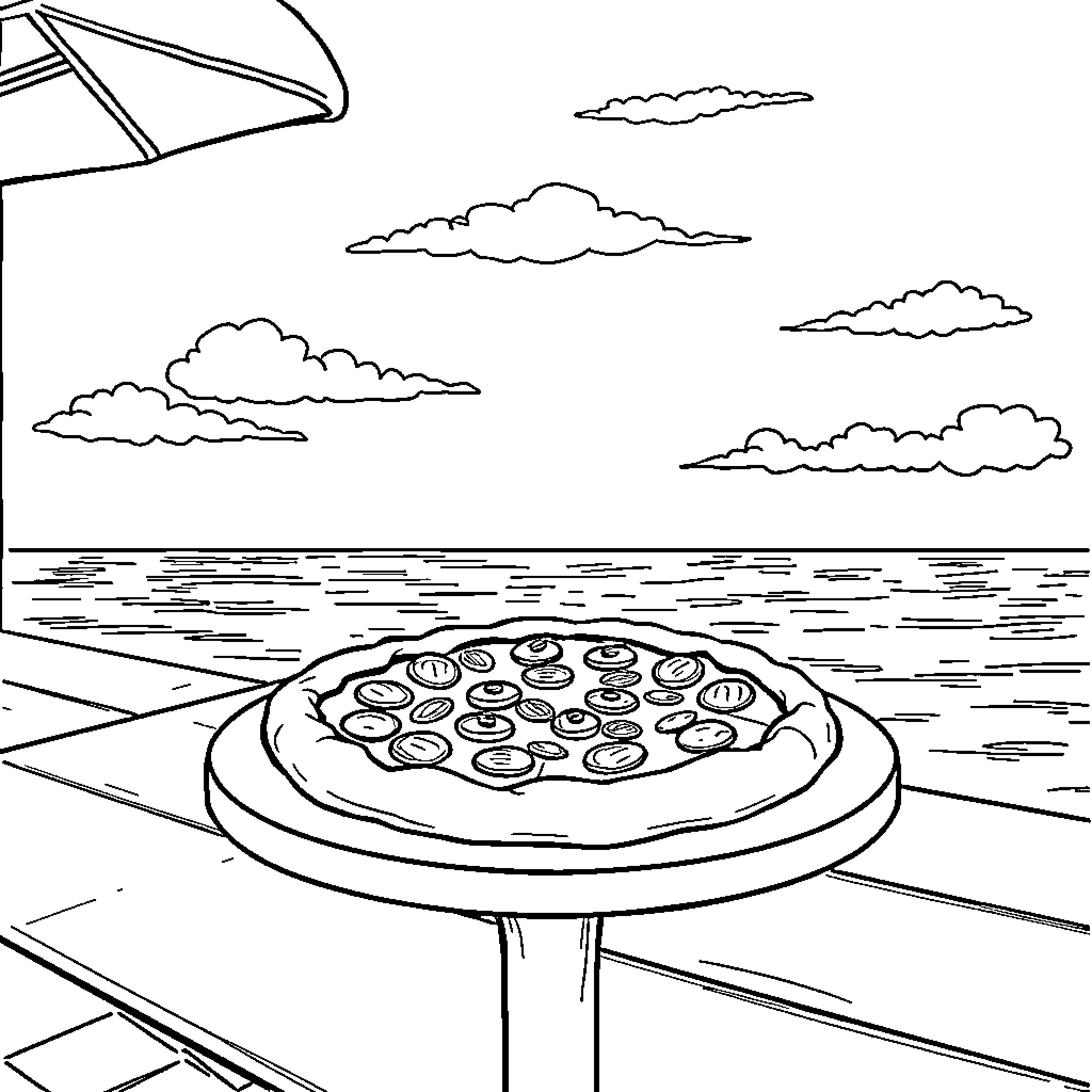 Pizza Overlooking the Serene Seaside Landscape Coloring Page (free black-and-white line drawing printable PDF for all, from beginners to advanced learners, including children, teens, adults, and seniors)