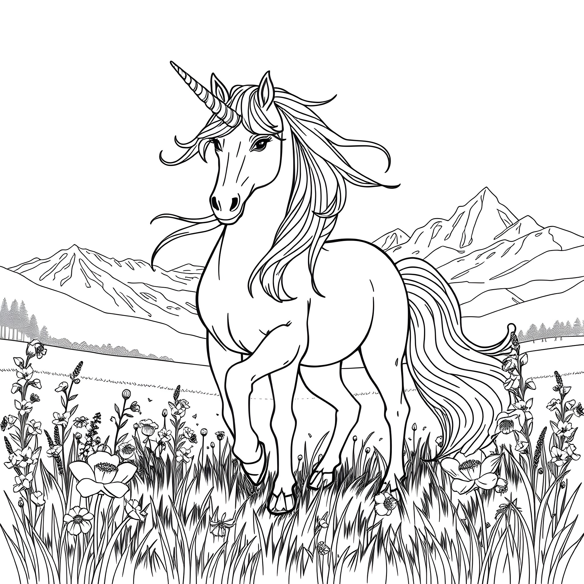 Unicorn standing gracefully in the enchanting forest Coloring Page (free black-and-white line drawing printable PDF for all, from beginners to advanced learners, including children, teens, adults, and seniors)
