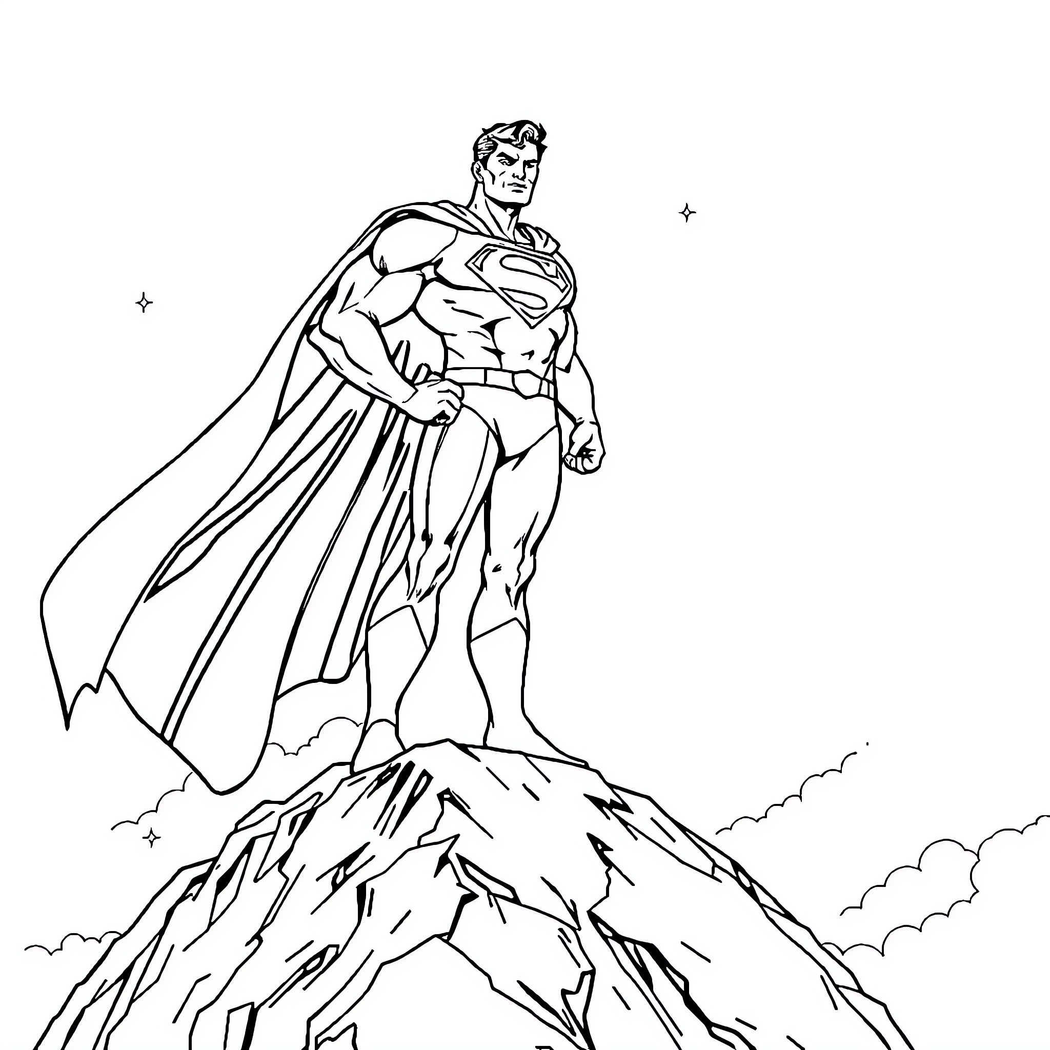 Superman standing tall on a rocky mountain Coloring Page (free black-and-white line drawing printable PDF for all, from beginners to advanced learners, including children, teens, adults, and seniors)