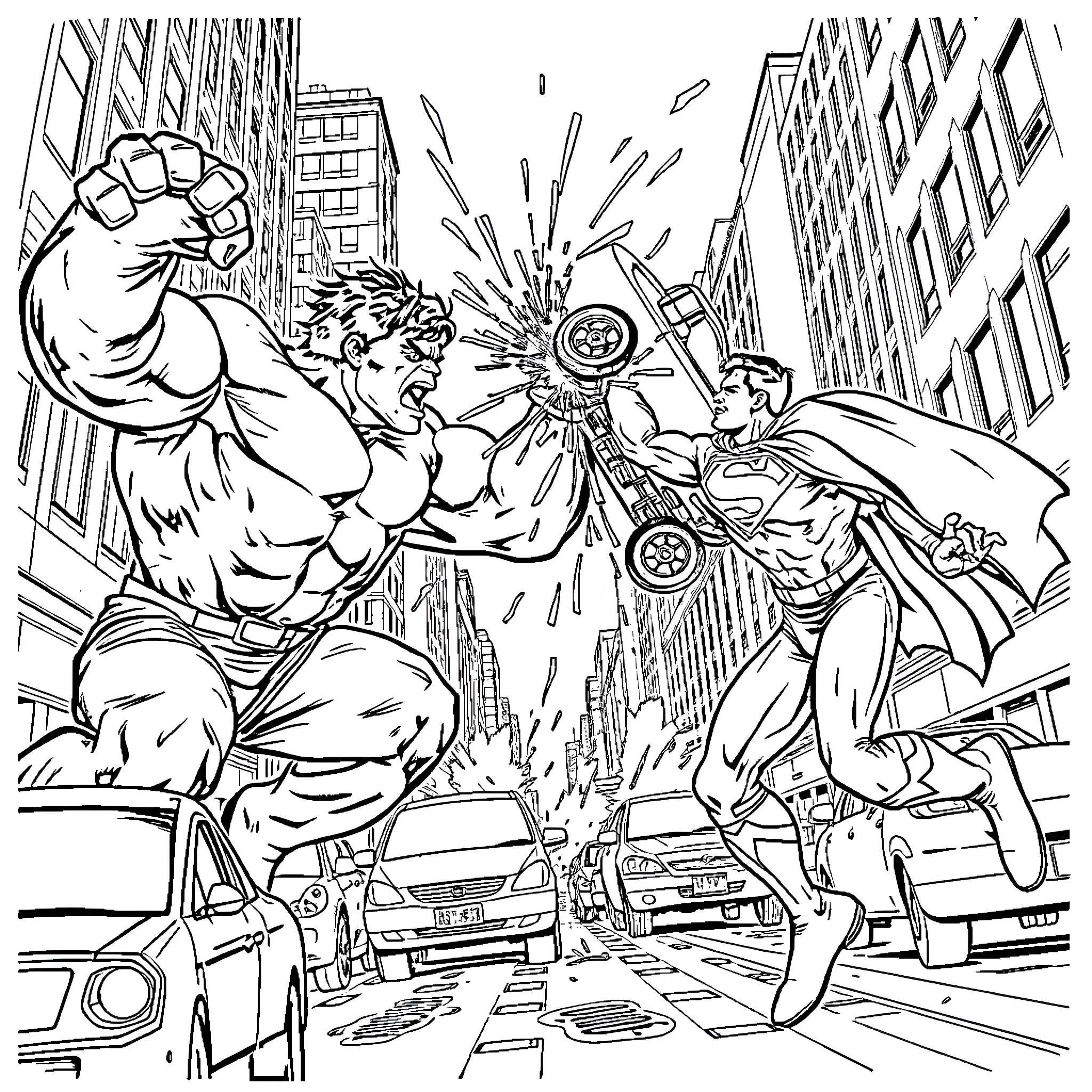 Hulk battles heroically against crime in the city Coloring Page (free black-and-white line drawing printable PDF for all, from beginners to advanced learners, including children, teens, adults, and seniors)