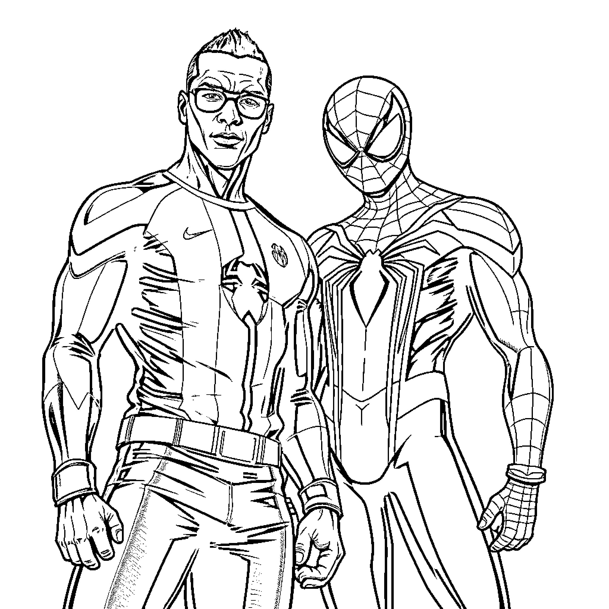 Mbappe standing confidently alongside Spider-Man Coloring Page (free black-and-white line drawing printable PDF for all, from beginners to advanced learners, including children, teens, adults, and seniors)