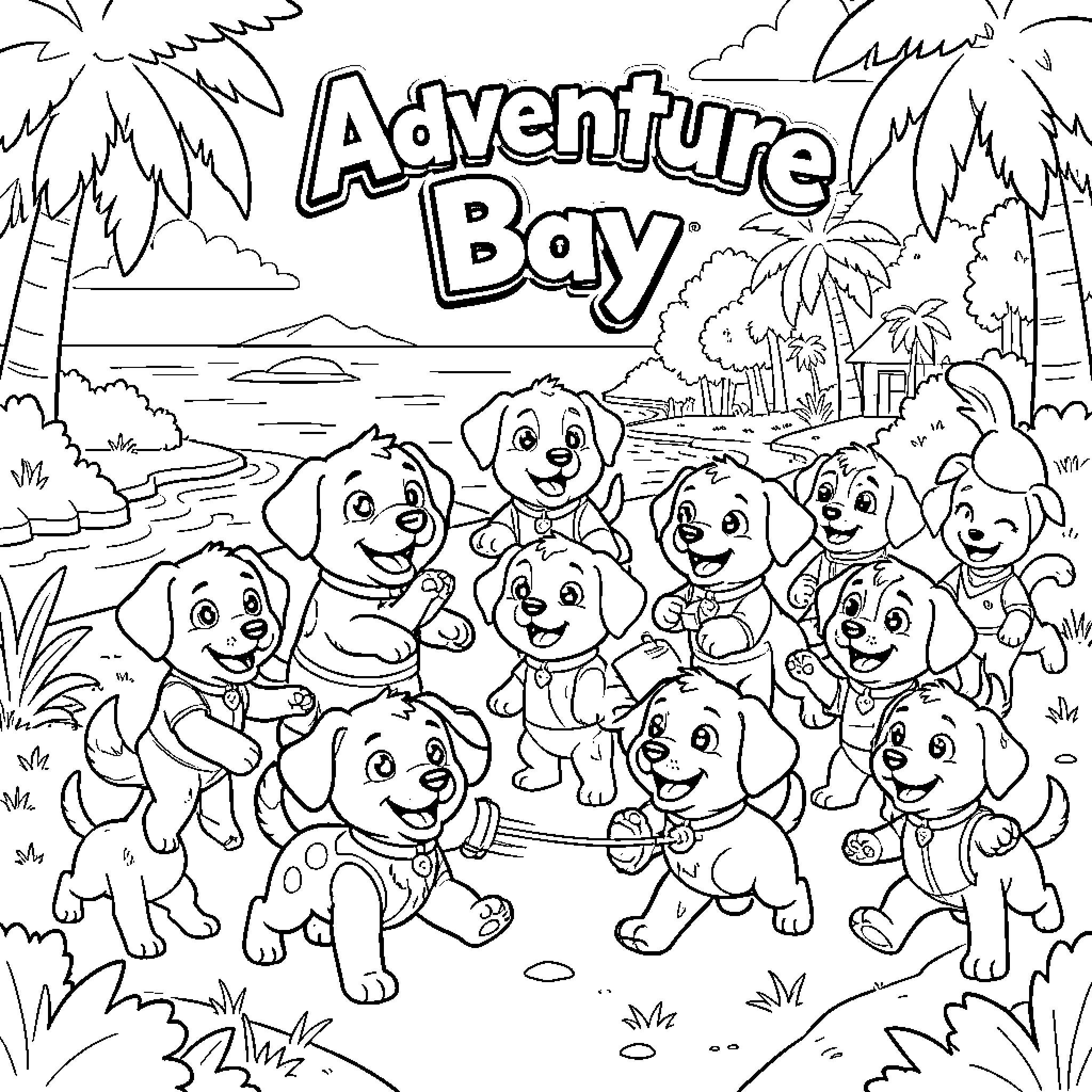 Paw Patrol pups playing happily on a tropical beach Coloring Page (free black-and-white line drawing printable PDF for all, from beginners to advanced learners, including children, teens, adults, and seniors)