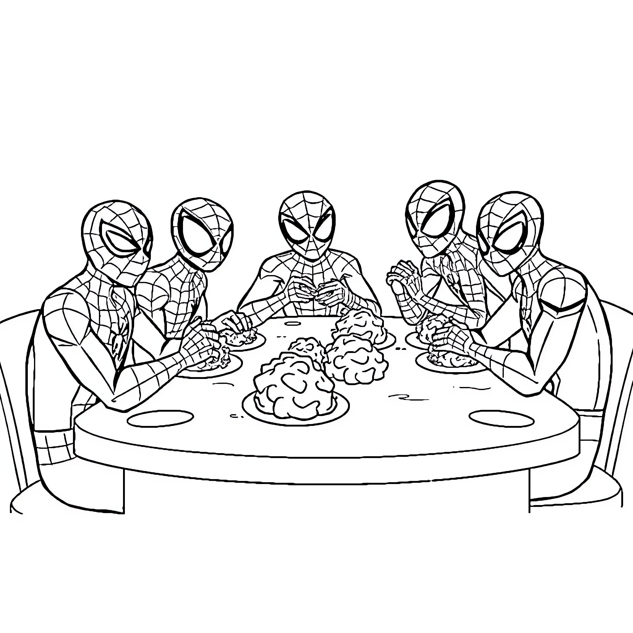Spidey characters gathered around a table Coloring Page (free black-and-white line drawing printable PDF for all, from beginners to advanced learners, including children, teens, adults, and seniors)