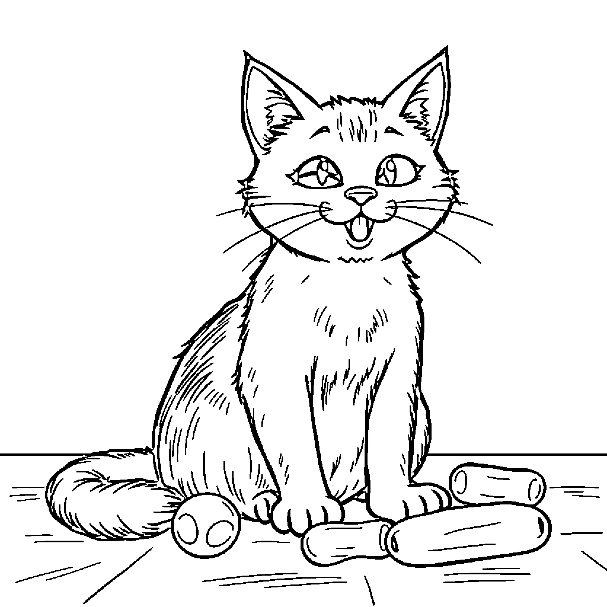 Cat with expression and toys on floor Coloring Page (free black-and-white line drawing printable PDF for all, from beginners to advanced learners, including children, teens, adults, and seniors)