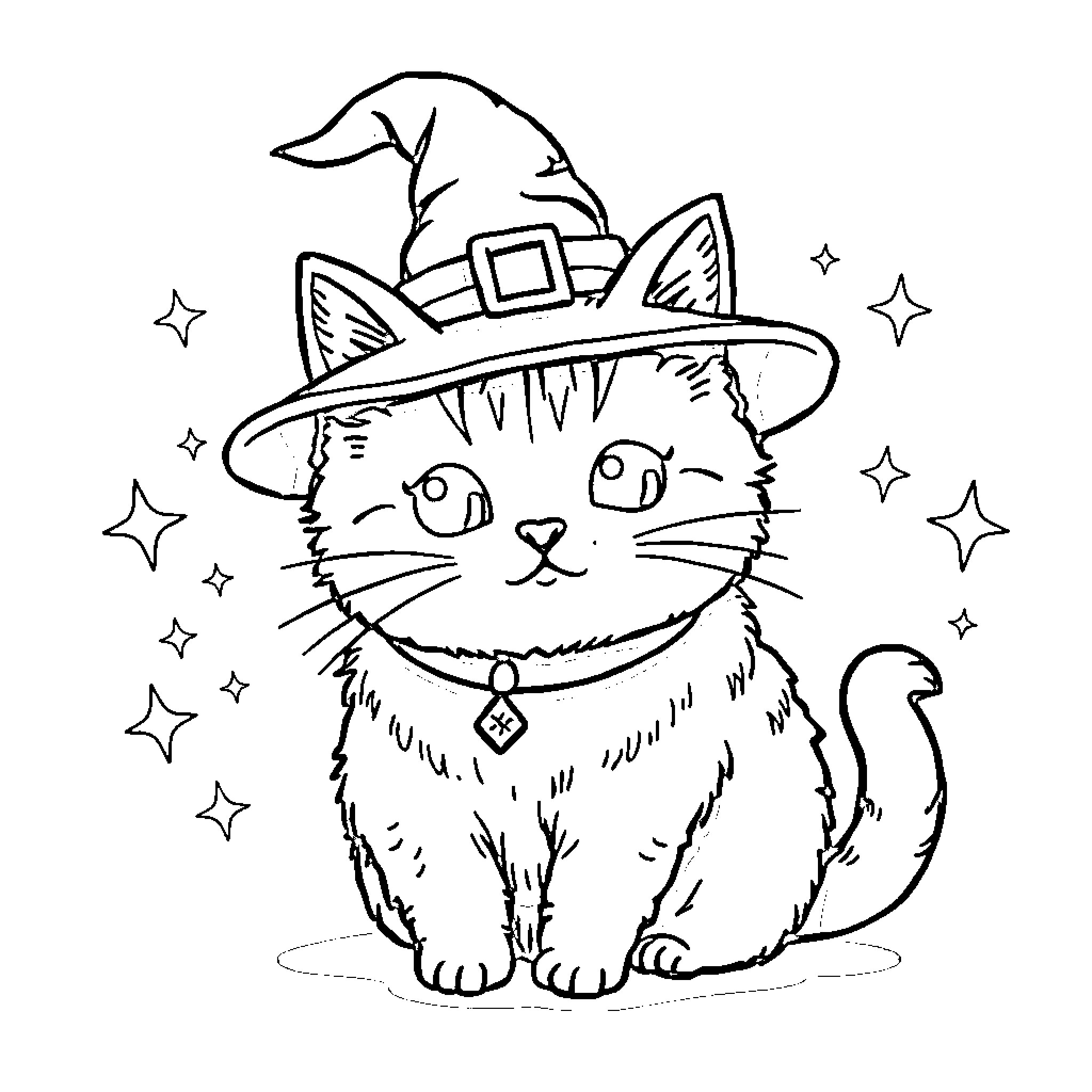 Pusheen the cat in a witch's hat Coloring Page (free black-and-white line drawing printable PDF for all, from beginners to advanced learners, including children, teens, adults, and seniors)