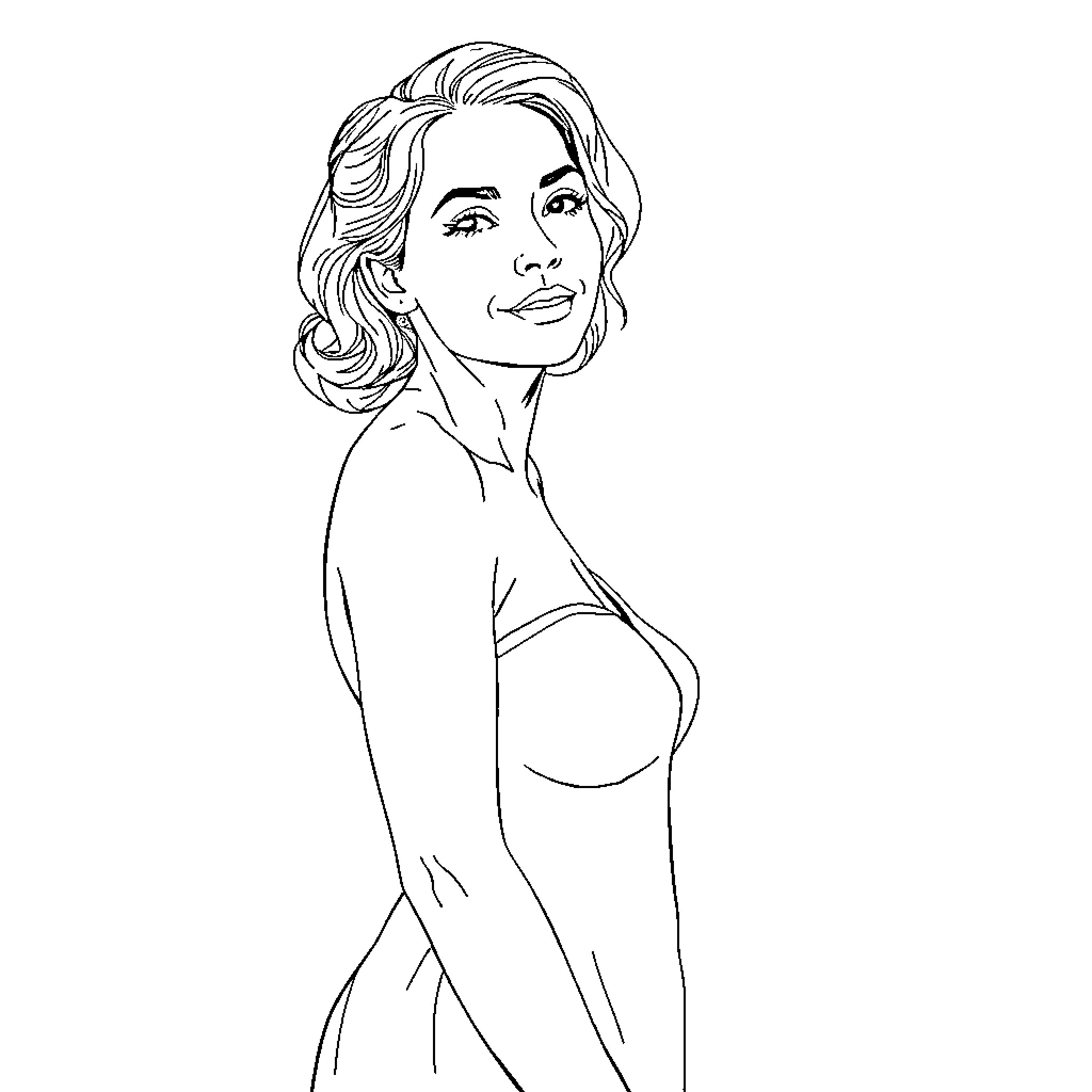 Alice's Alluring Pose Coloring Page (free black-and-white line drawing printable PDF for all, from beginners to advanced learners, including children, teens, adults, and seniors)