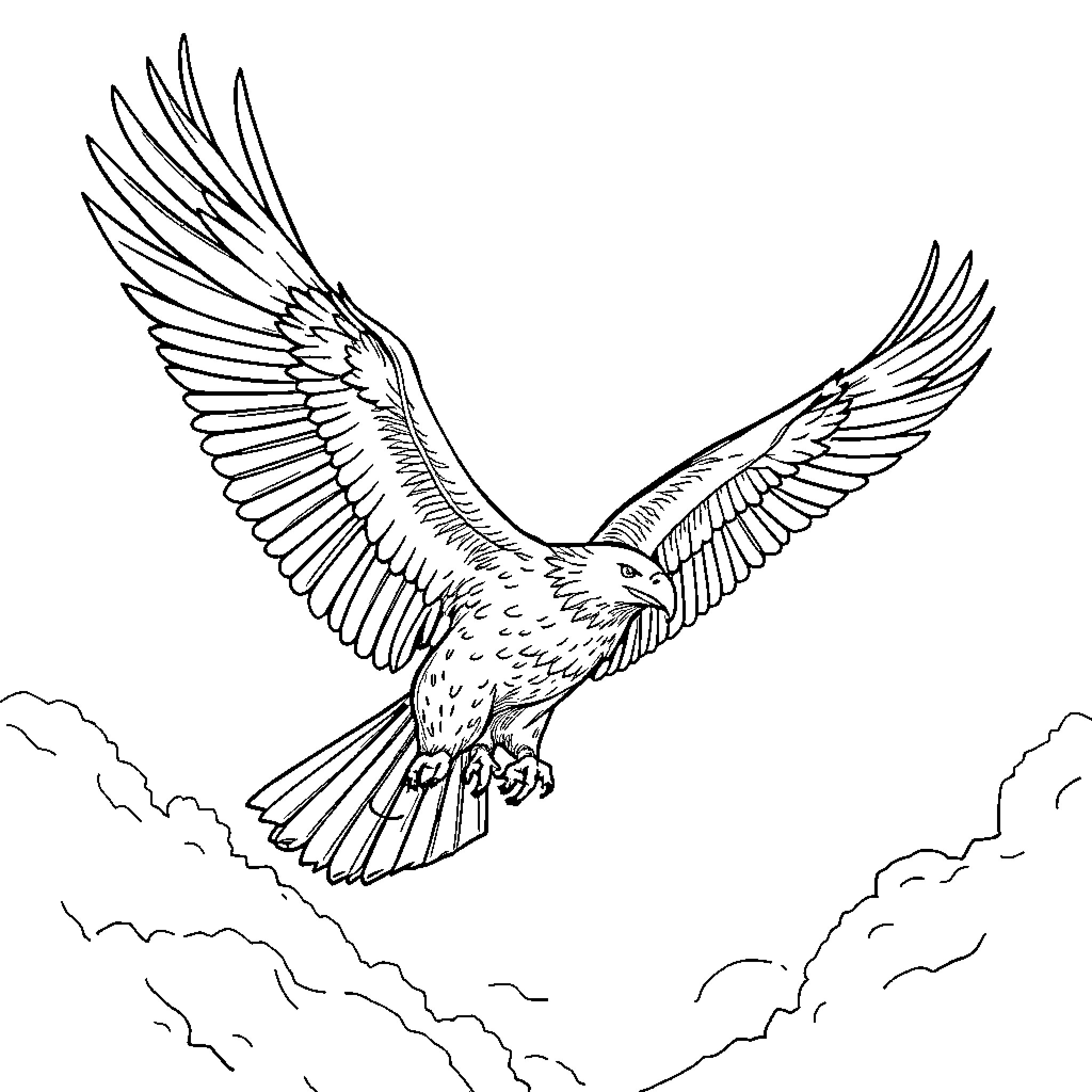 Eagle soaring powerfully through the sky Coloring Page (free black-and-white line drawing printable PDF for all, from beginners to advanced learners, including children, teens, adults, and seniors)