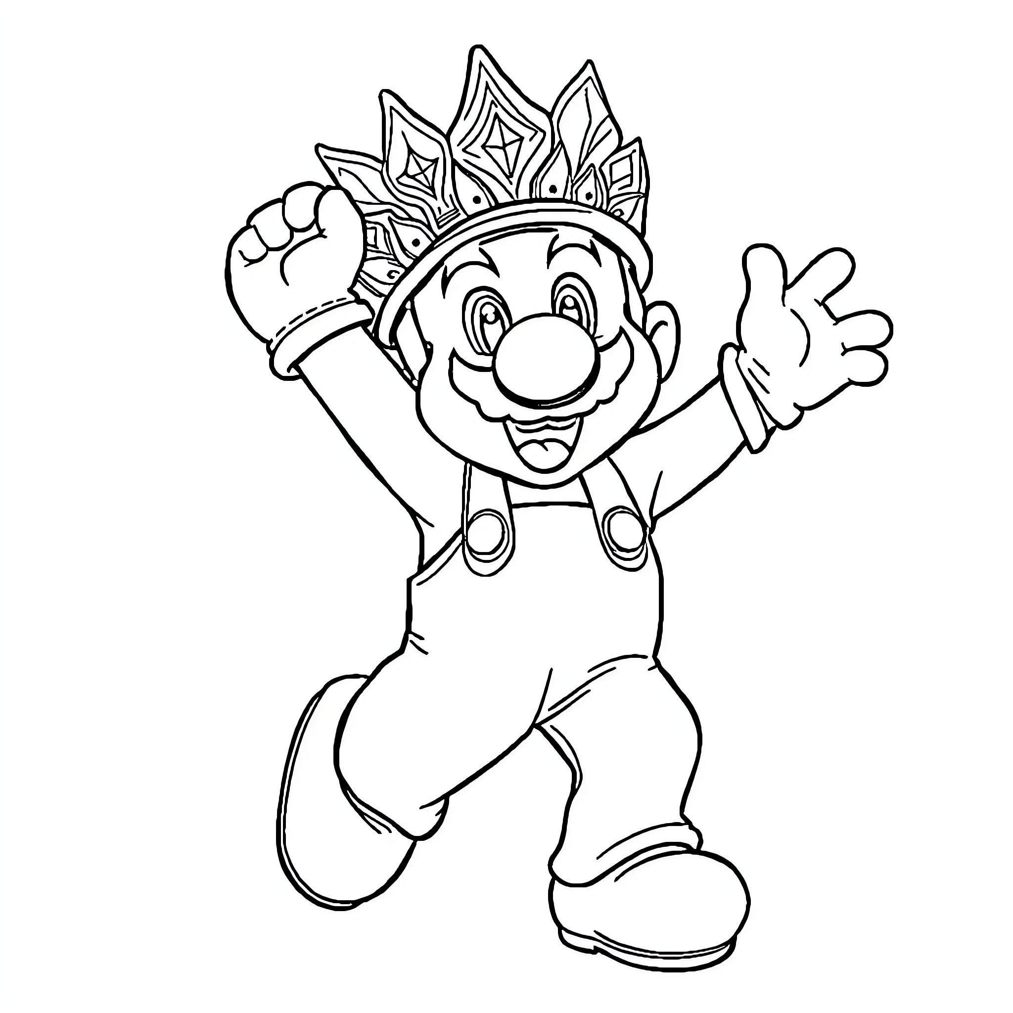 Mario Celebrating with Raised Arms and Crown Coloring Page (free black-and-white line drawing printable PDF for all, from beginners to advanced learners, including children, teens, adults, and seniors)