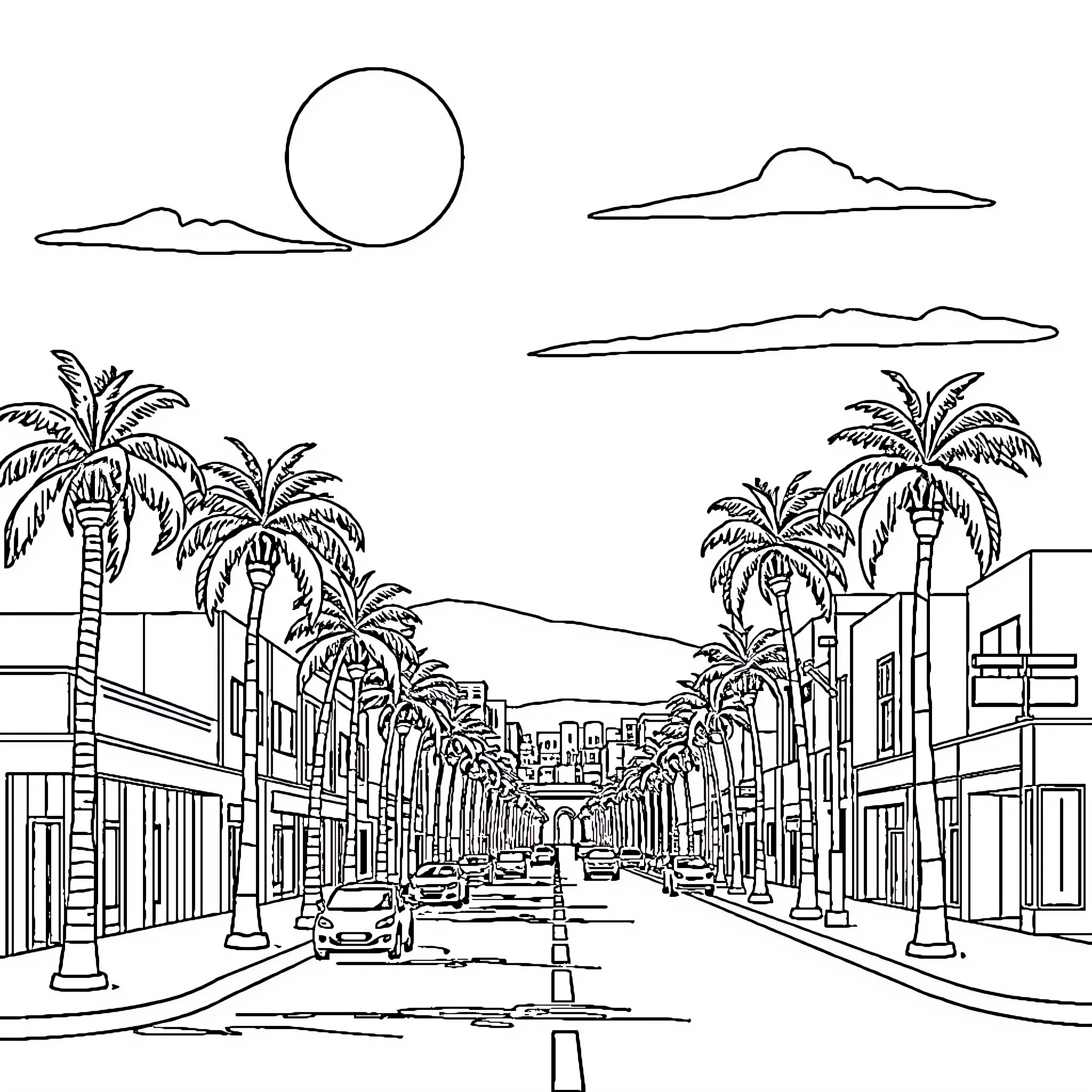 City street with palm trees and buildings Coloring Page (free black-and-white line drawing printable PDF for all, from beginners to advanced learners, including children, teens, adults, and seniors)