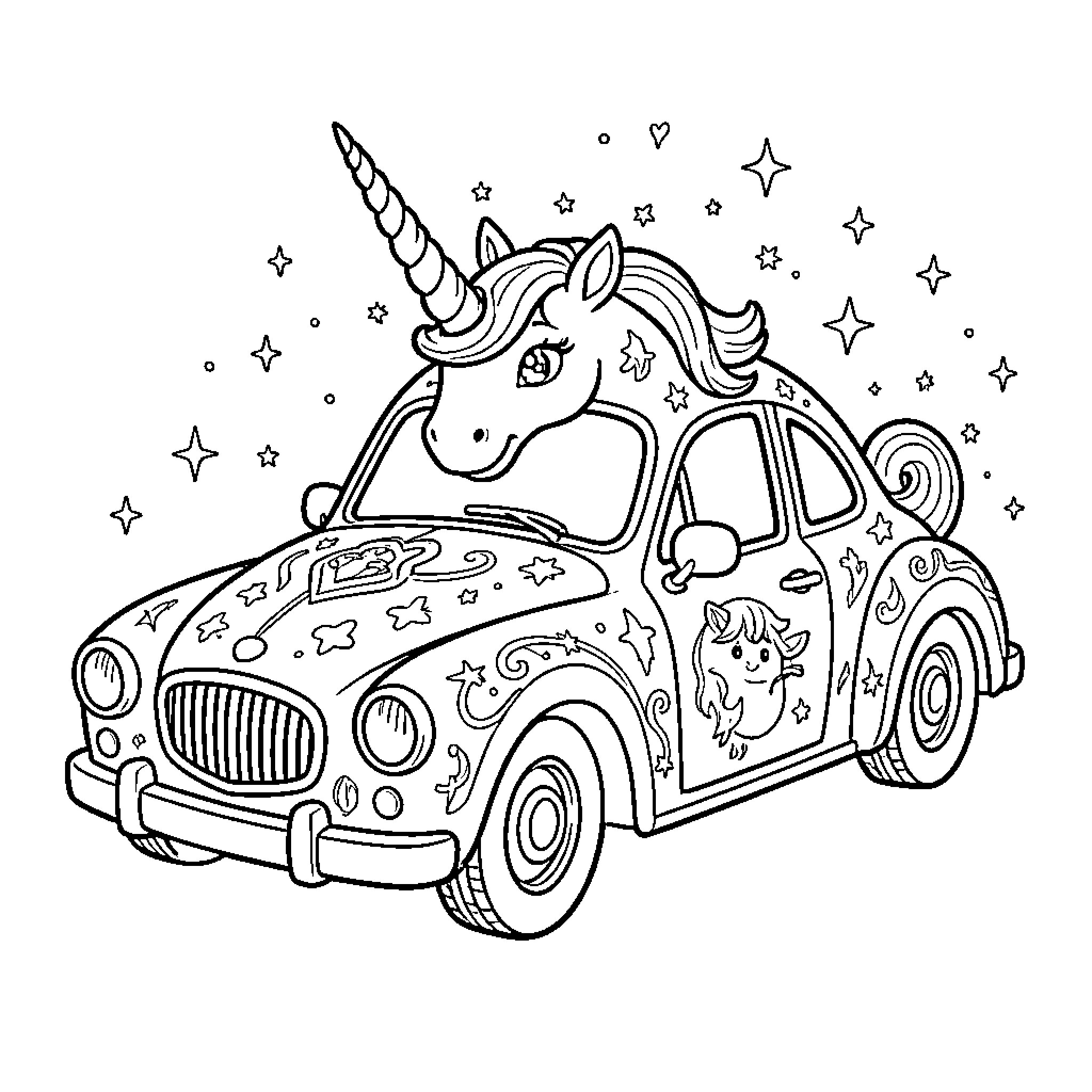 Unicorn Car driving through a magical starry scene Coloring Page (free black-and-white line drawing printable PDF for all, from beginners to advanced learners, including children, teens, adults, and seniors)