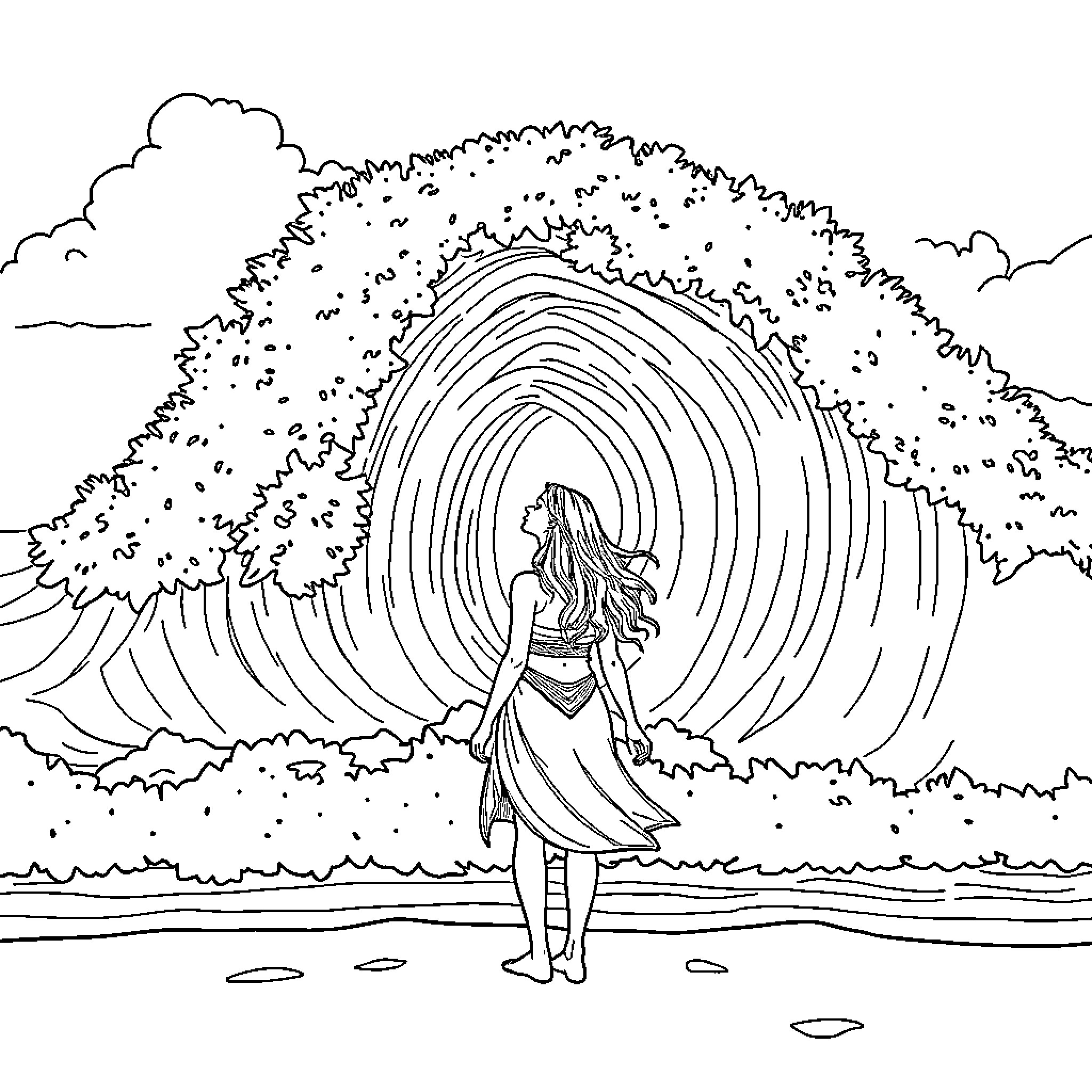 Vaïna's Tranquil Wave Encounter Coloring Page (free black-and-white line drawing printable PDF for all, from beginners to advanced learners, including children, teens, adults, and seniors)