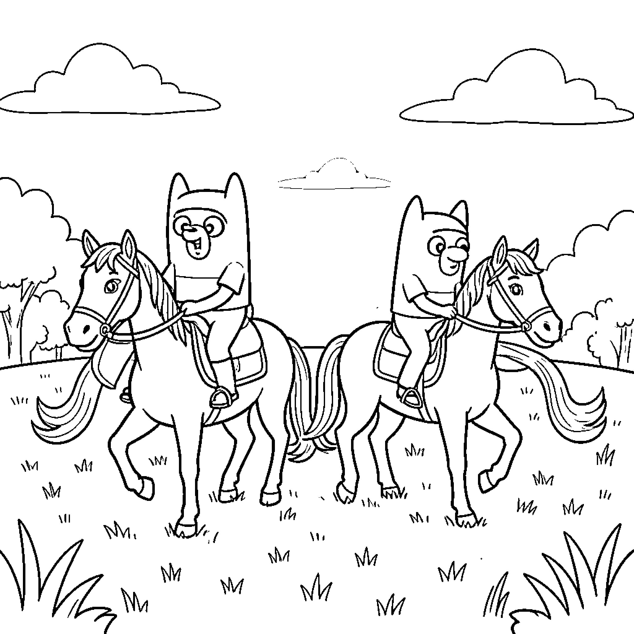 Finn and Jake riding horses in a grassy field Coloring Page (free black-and-white line drawing printable PDF for all, from beginners to advanced learners, including children, teens, adults, and seniors)