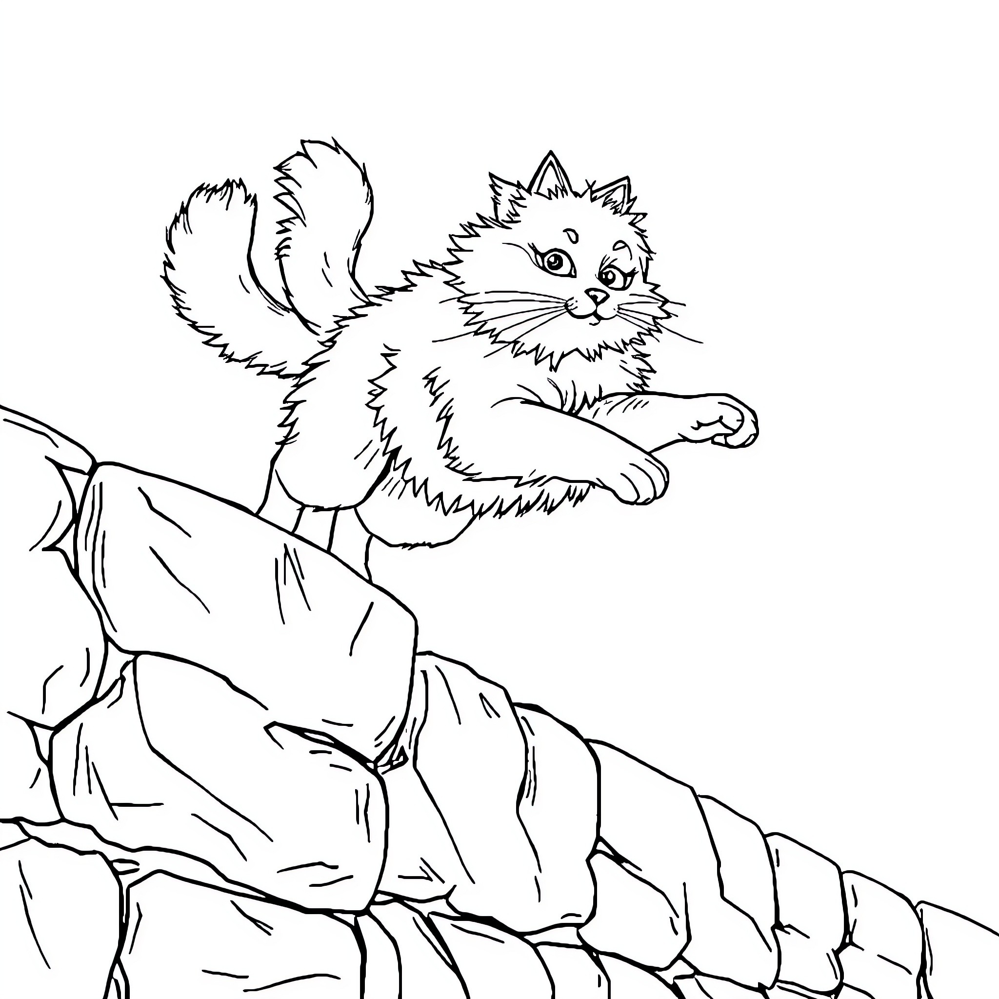 Cat exploring rocky terrain Coloring Page (free black-and-white line drawing printable PDF for all, from beginners to advanced learners, including children, teens, adults, and seniors)