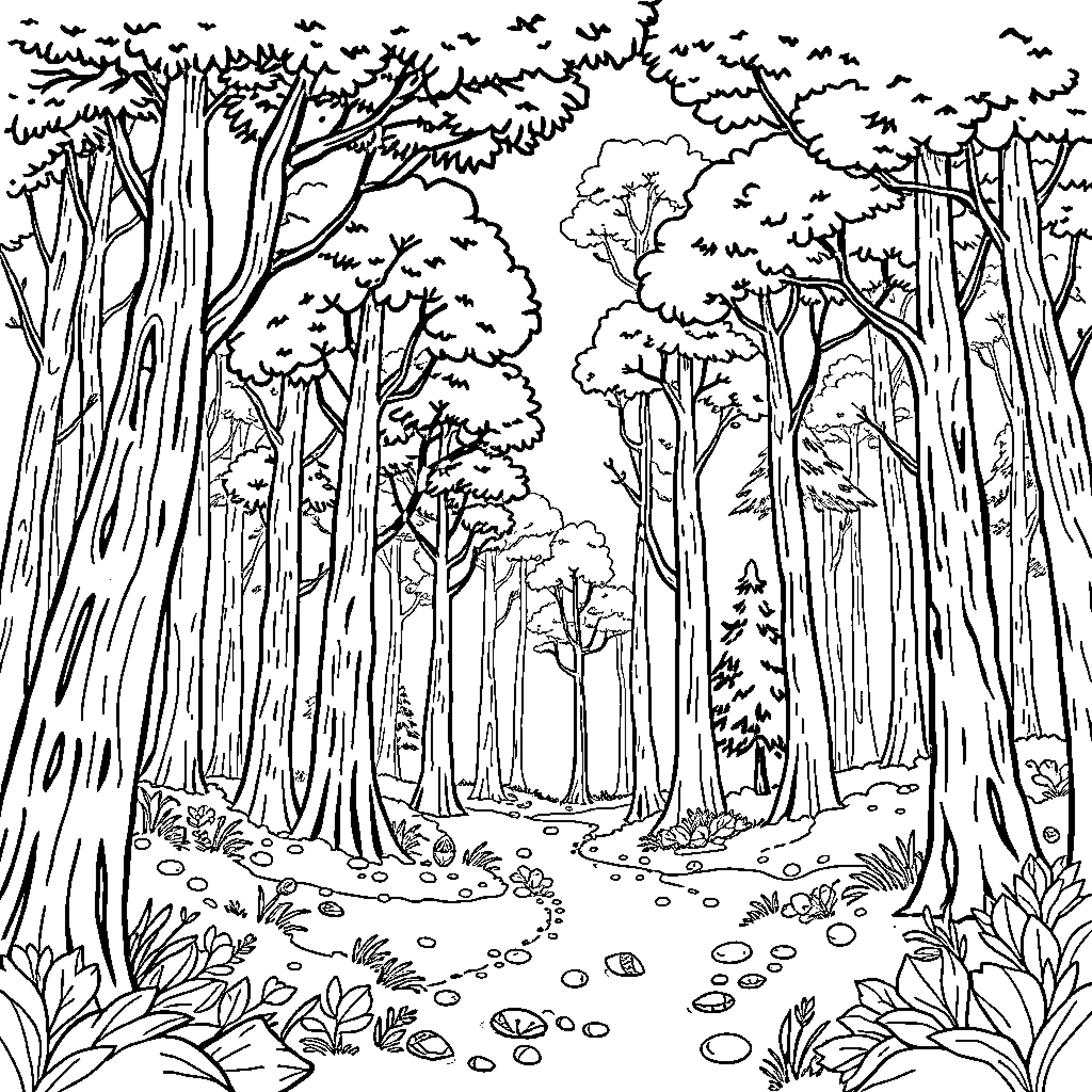 Forest Scene with Lush Vegetation and Winding Path Coloring Page (free black-and-white line drawing printable PDF for all, from beginners to advanced learners, including children, teens, adults, and seniors)