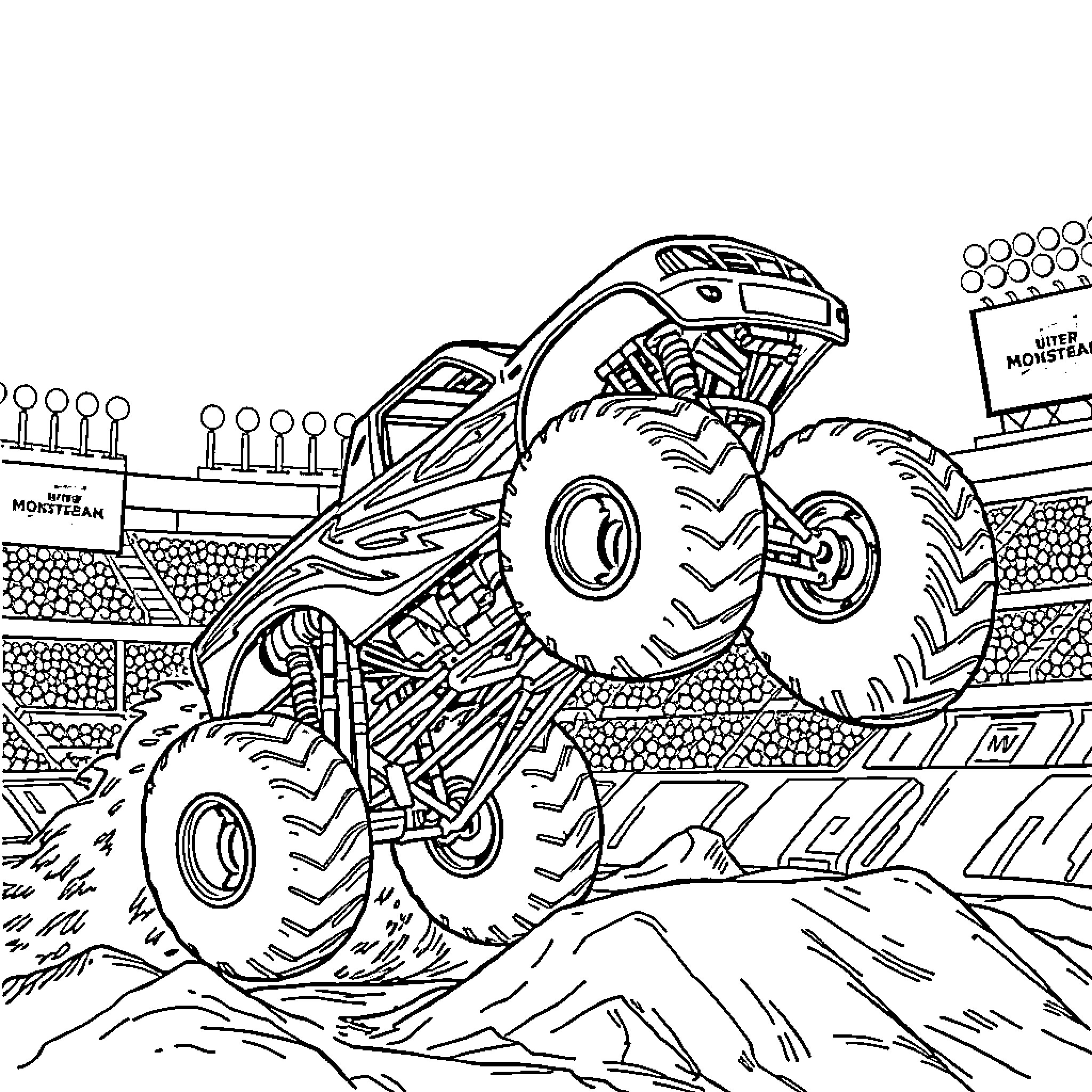 Monster Truck Performing Stunts at Monster Truck Rally Coloring Page (free black-and-white line drawing printable PDF for all, from beginners to advanced learners, including children, teens, adults, and seniors)