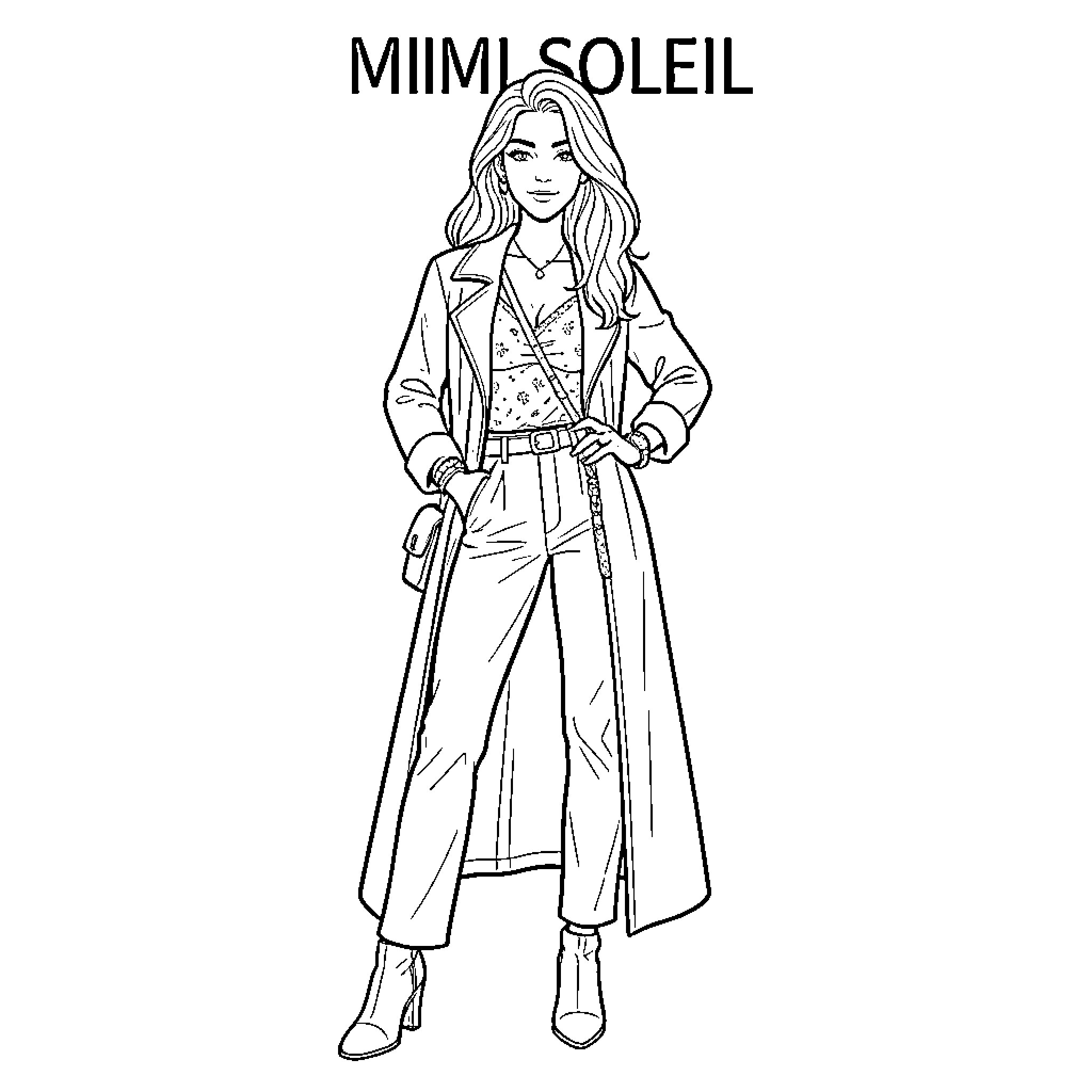 Mimi Soleil posing in a stylish long coat and trousers Coloring Page (free black-and-white line drawing printable PDF for all, from beginners to advanced learners, including children, teens, adults, and seniors)