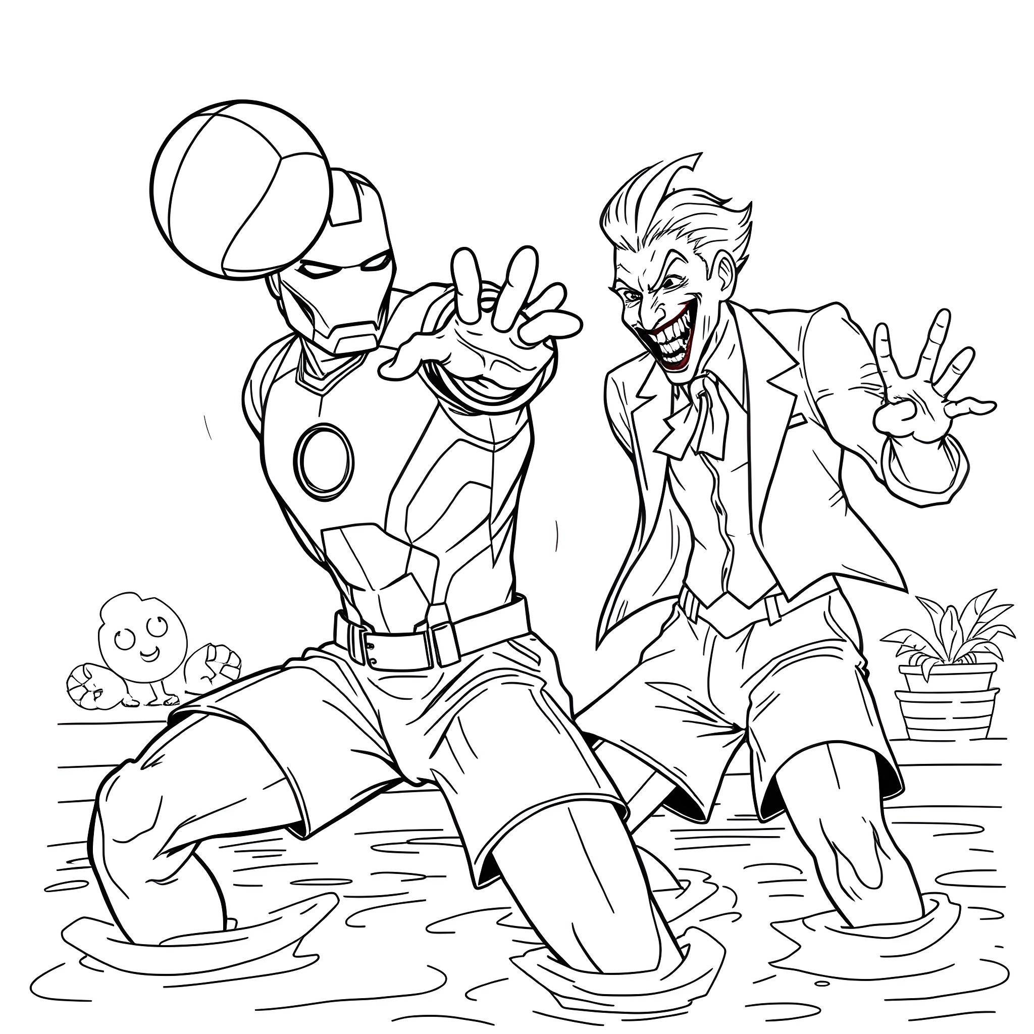Iron Man battling the Joker in a wet environment Coloring Page (free black-and-white line drawing printable PDF for all, from beginners to advanced learners, including children, teens, adults, and seniors)