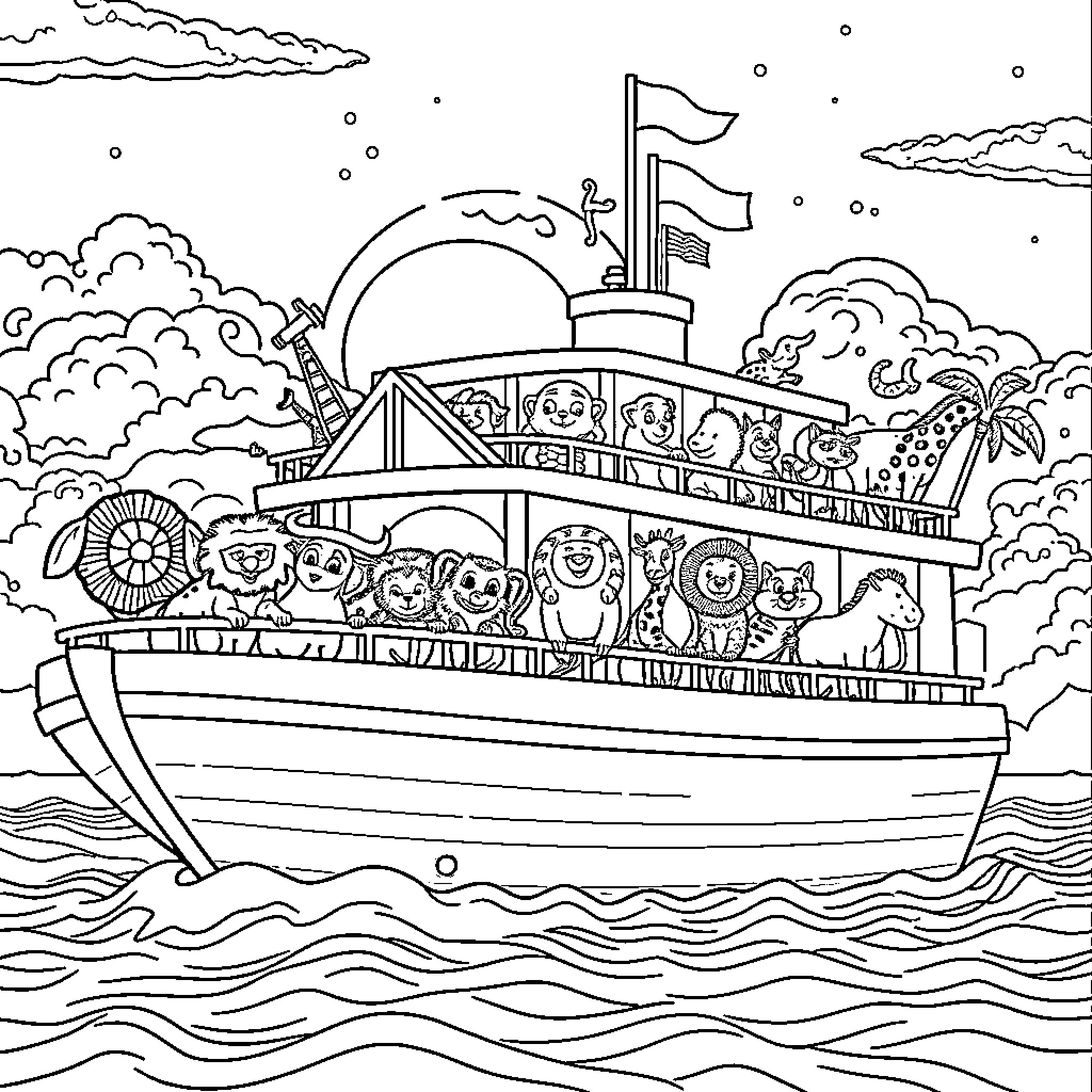 Animal Characters Aboard the Ocean Cruise Ship Coloring Page (free black-and-white line drawing printable PDF for all, from beginners to advanced learners, including children, teens, adults, and seniors)