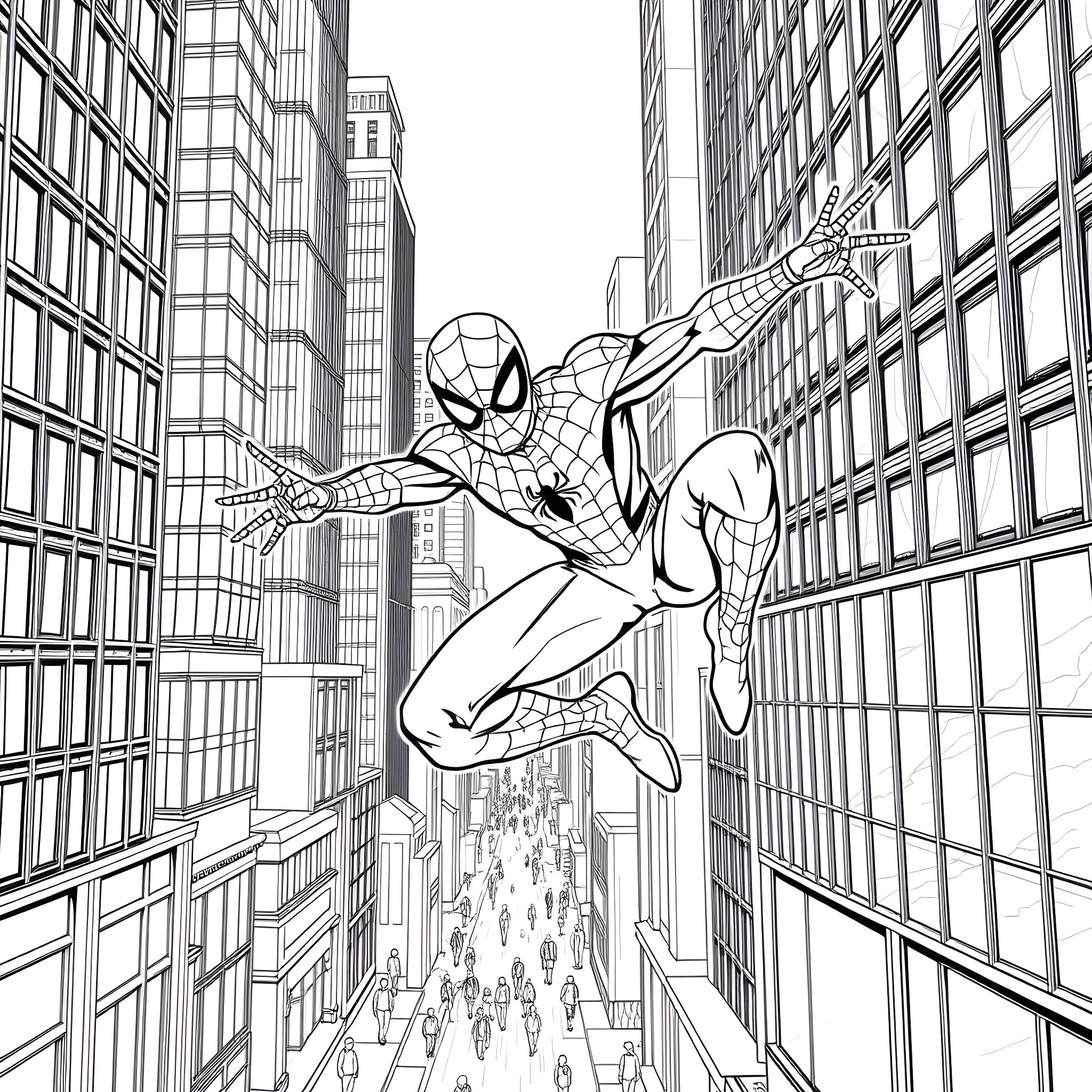 Spider-Man swinging through the city skyline Coloring Page (free black-and-white line drawing printable PDF for all, from beginners to advanced learners, including children, teens, adults, and seniors)
