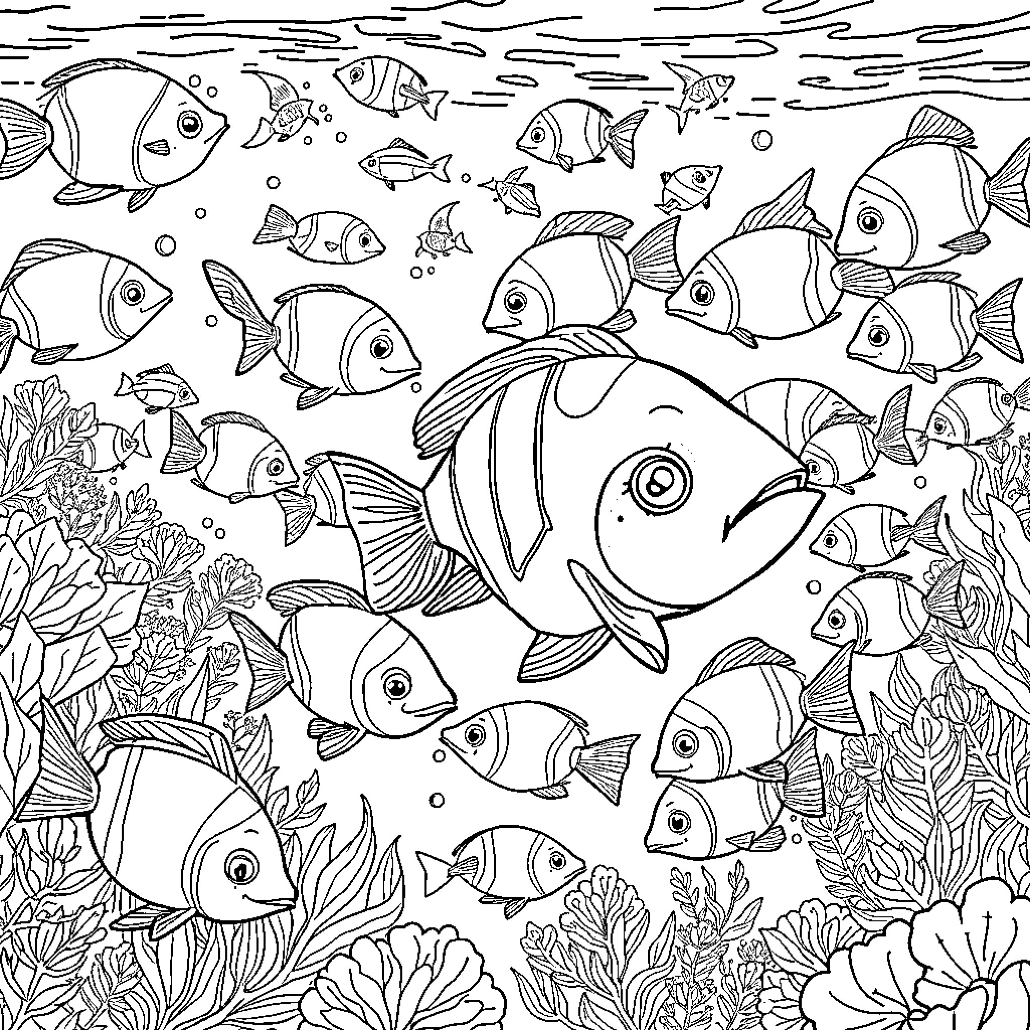 Acuario: Playful Underwater Fish Gathering Coloring Page (free black-and-white line drawing printable PDF for all, from beginners to advanced learners, including children, teens, adults, and seniors)