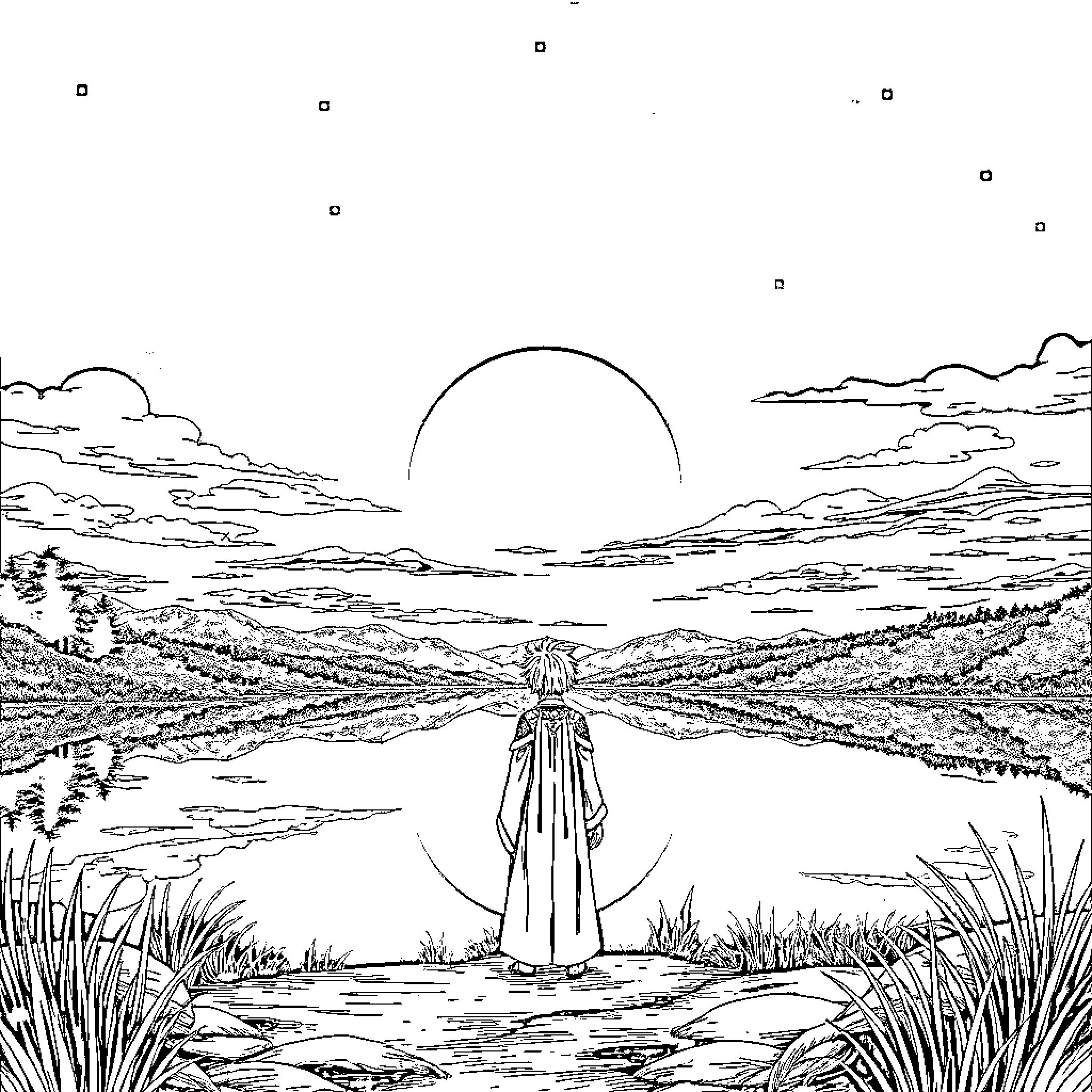 Seshoumaru observing the serene landscape Coloring Page (free black-and-white line drawing printable PDF for all, from beginners to advanced learners, including children, teens, adults, and seniors)