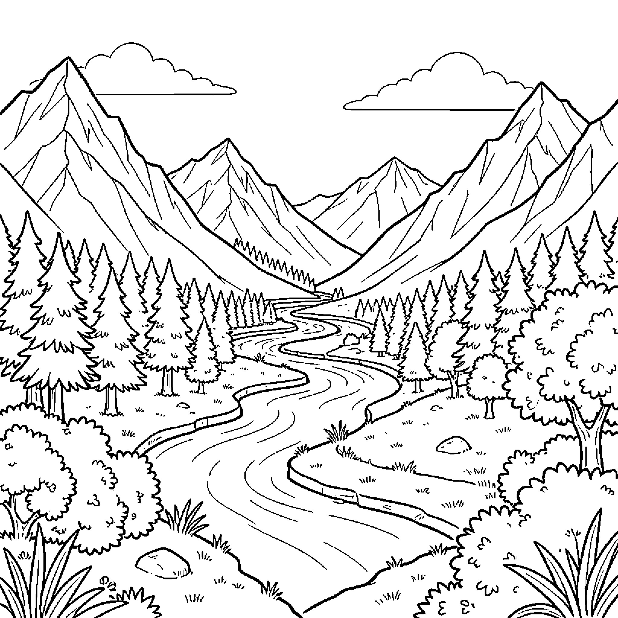 Landscape of a scenic mountain trail Coloring Page (free black-and-white line drawing printable PDF for all, from beginners to advanced learners, including children, teens, adults, and seniors)