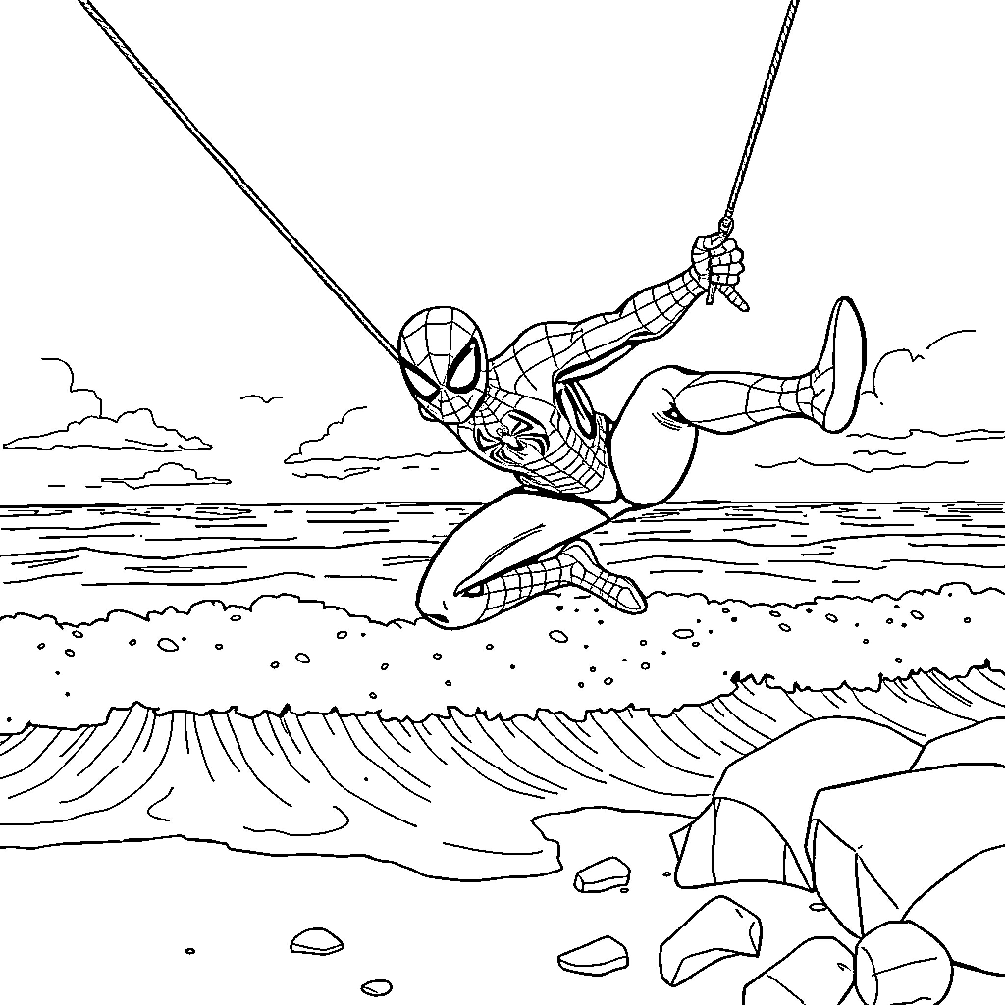 Spiderman swinging through the air above the ocean Coloring Page (free black-and-white line drawing printable PDF for all, from beginners to advanced learners, including children, teens, adults, and seniors)