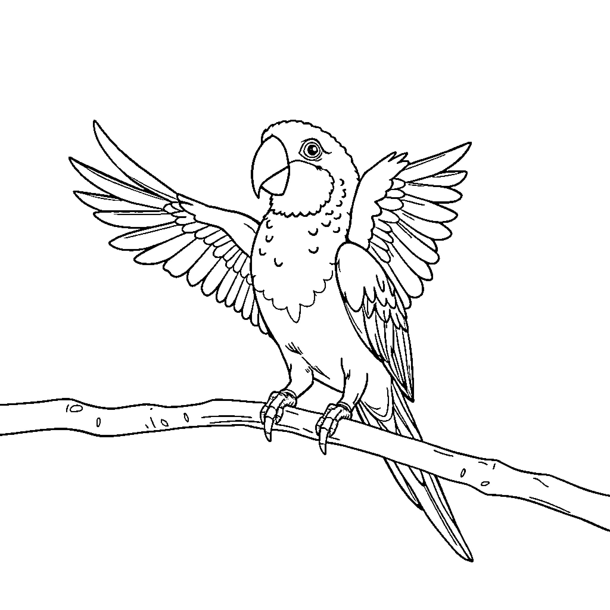 Parrot perched on branch with wings spread Coloring Page (free black-and-white line drawing printable PDF for all, from beginners to advanced learners, including children, teens, adults, and seniors)