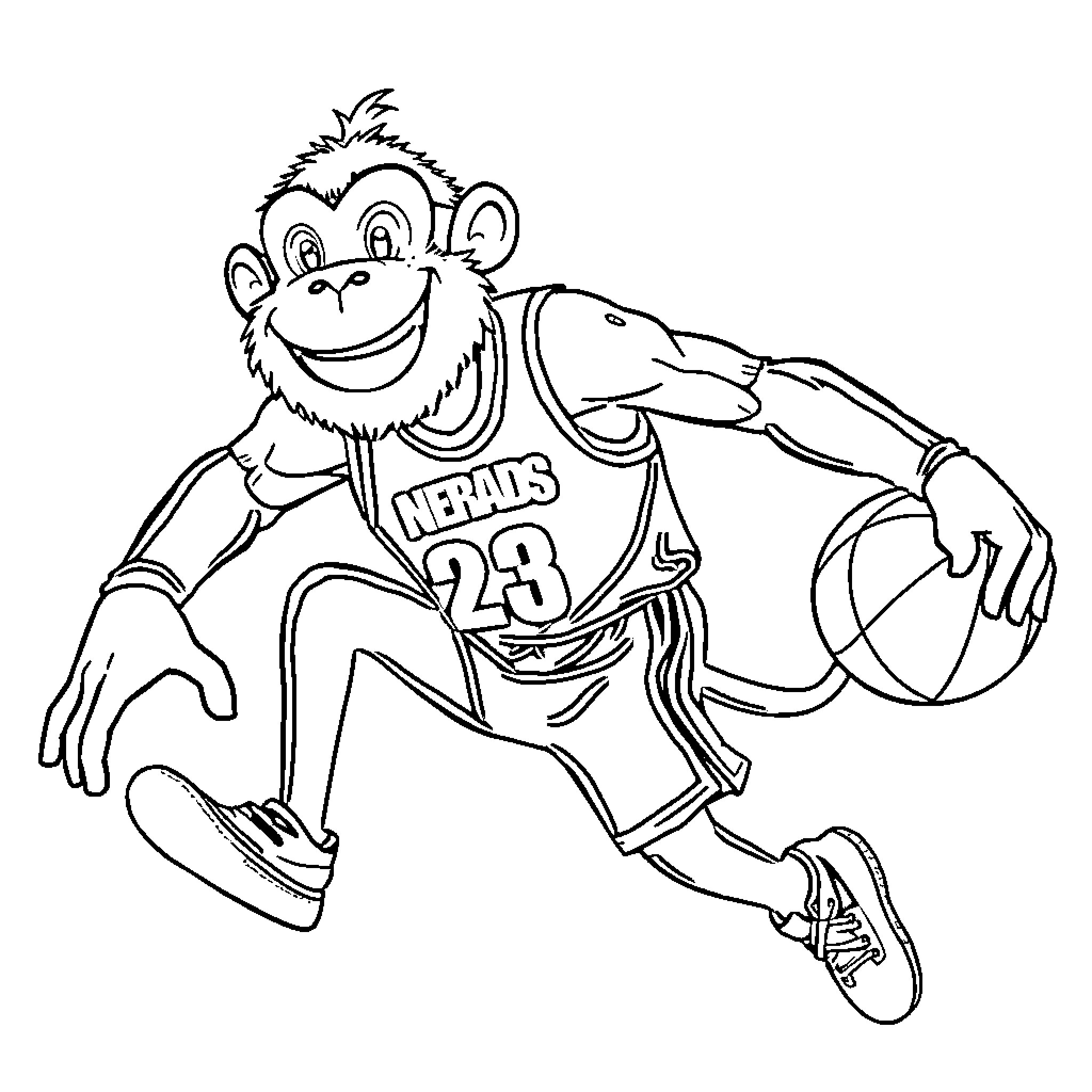 LeBron James as a Playful Basketball Monkey Coloring Page (free black-and-white line drawing printable PDF for all, from beginners to advanced learners, including children, teens, adults, and seniors)