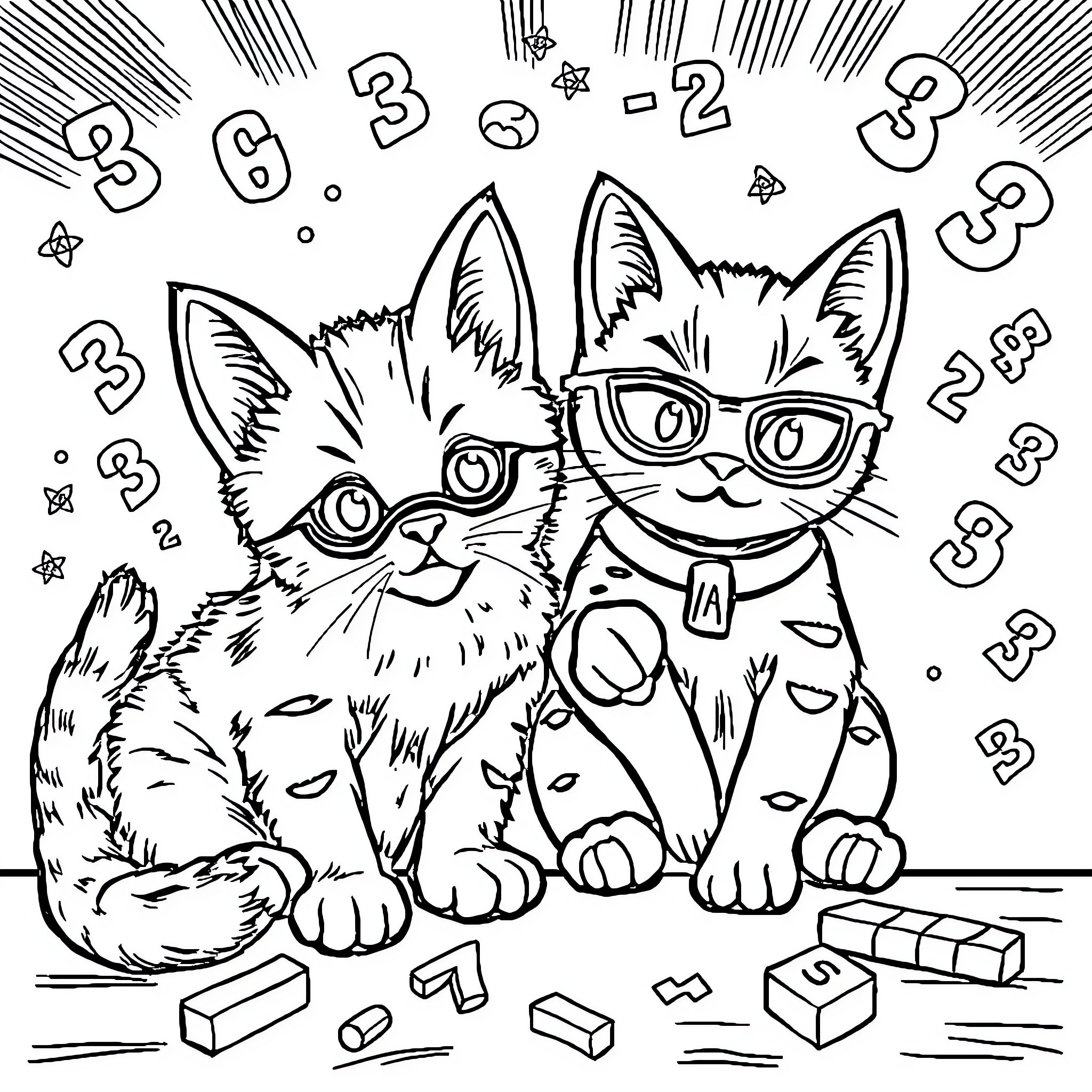 Kitty Cats Playing with Geometric Shapes Coloring Page (free black-and-white line drawing printable PDF for all, from beginners to advanced learners, including children, teens, adults, and seniors)