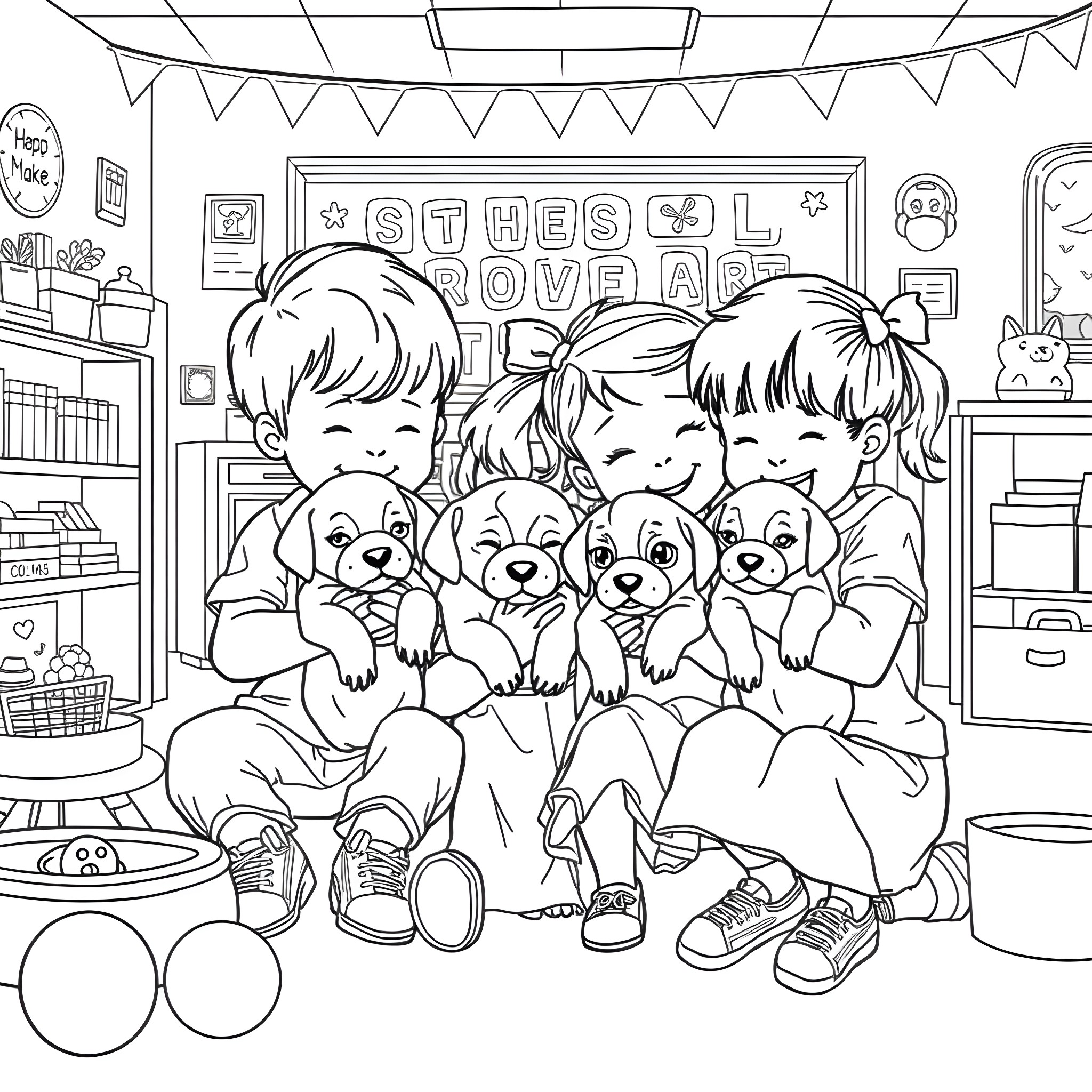 Puppy playtime with children in the classroom Coloring Page (free black-and-white line drawing printable PDF for all, from beginners to advanced learners, including children, teens, adults, and seniors)