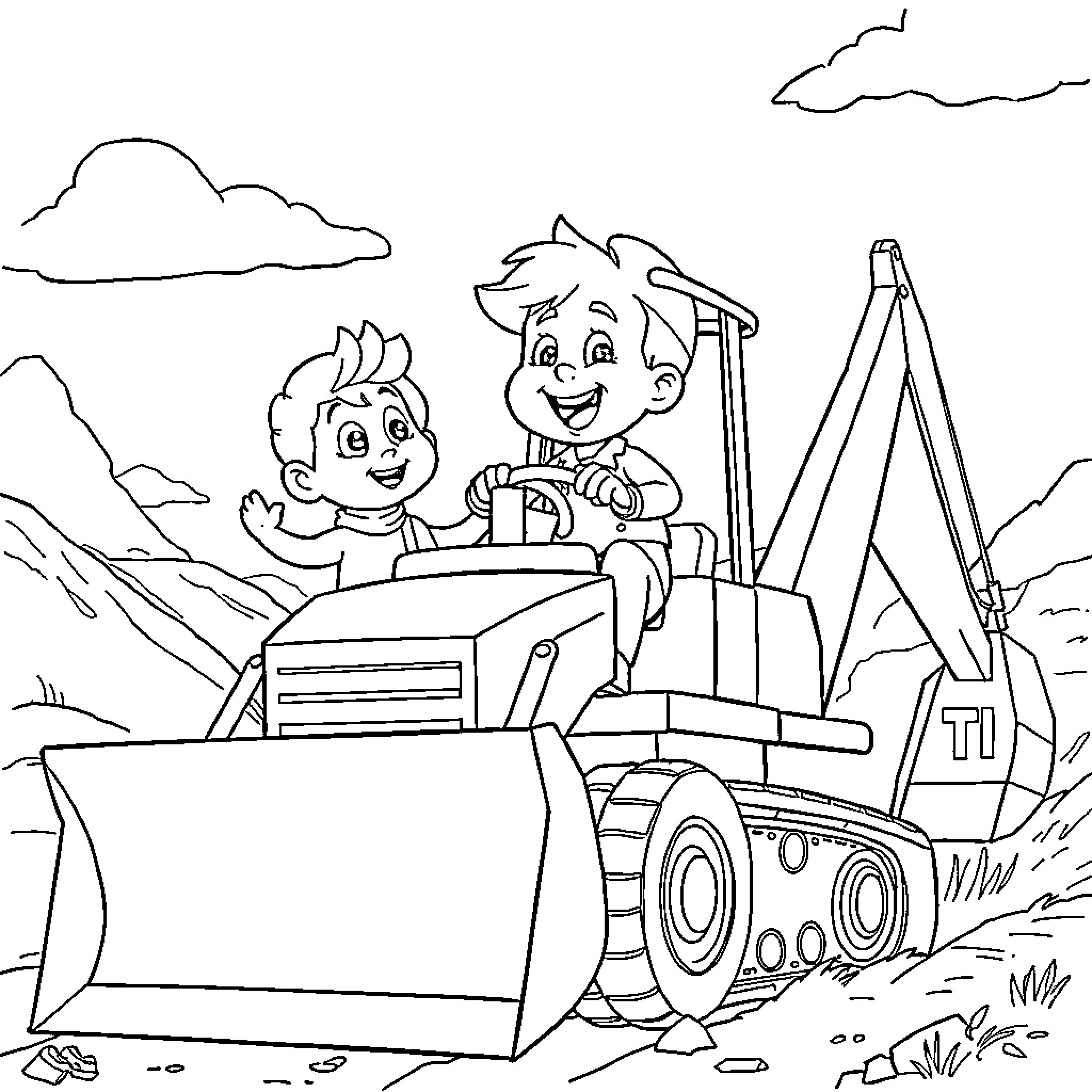 Bing children playing with construction machine in nature Coloring Page (free black-and-white line drawing printable PDF for all, from beginners to advanced learners, including children, teens, adults, and seniors)