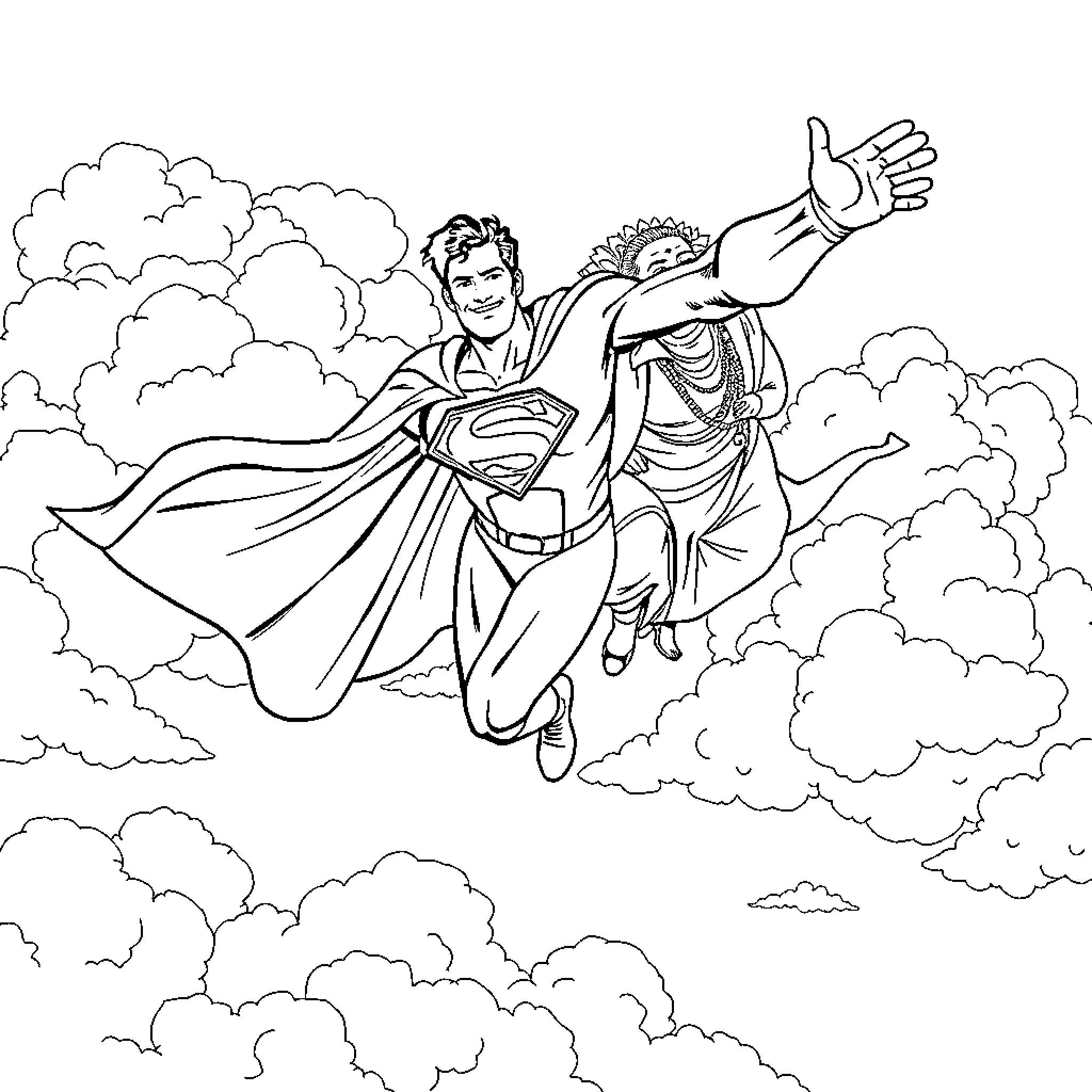 Superman soaring through the skies with outstretched arms Coloring Page (free black-and-white line drawing printable PDF for all, from beginners to advanced learners, including children, teens, adults, and seniors)
