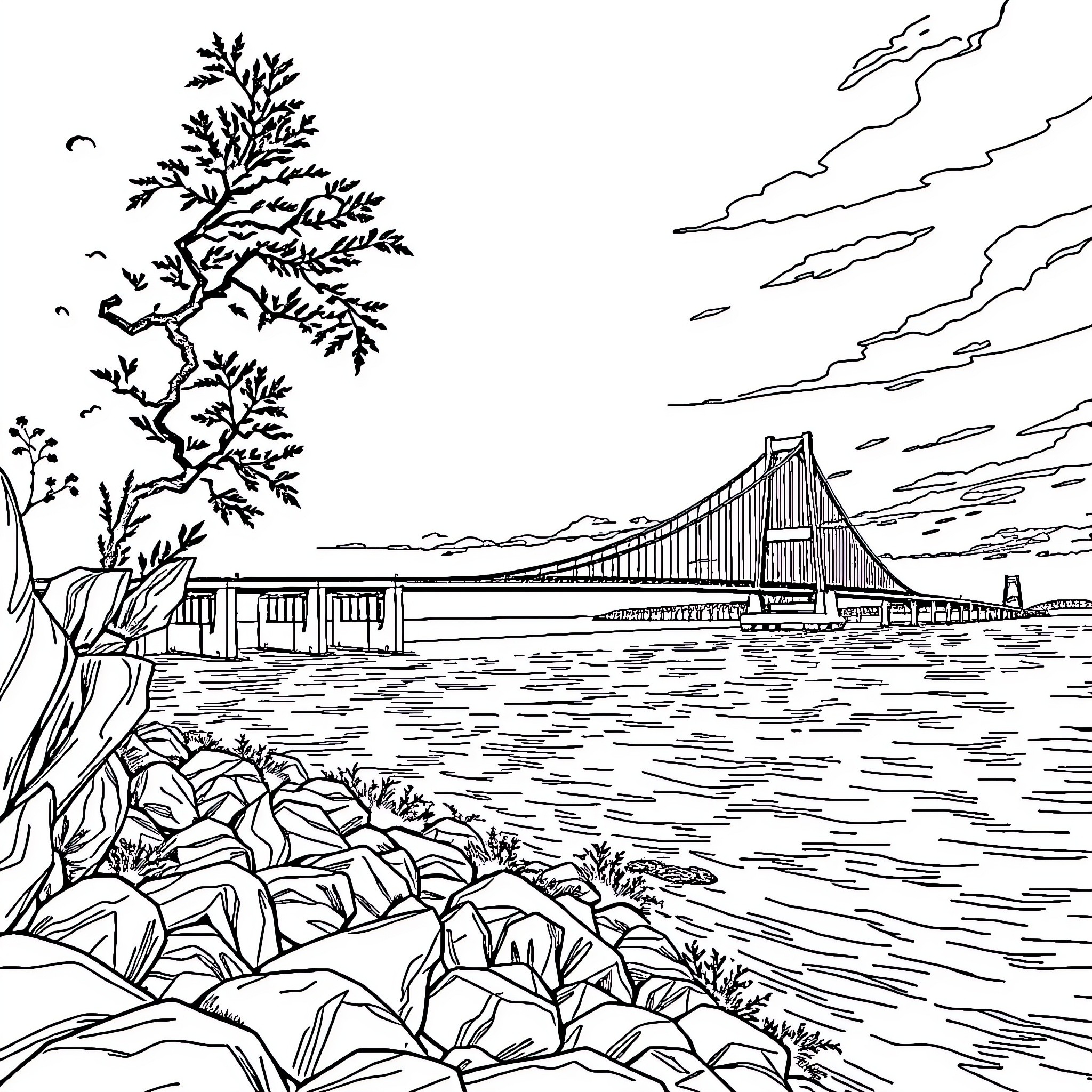 Mackinaw Bridge scenic landscape with rocky shore Coloring Page (free black-and-white line drawing printable PDF for all, from beginners to advanced learners, including children, teens, adults, and seniors)