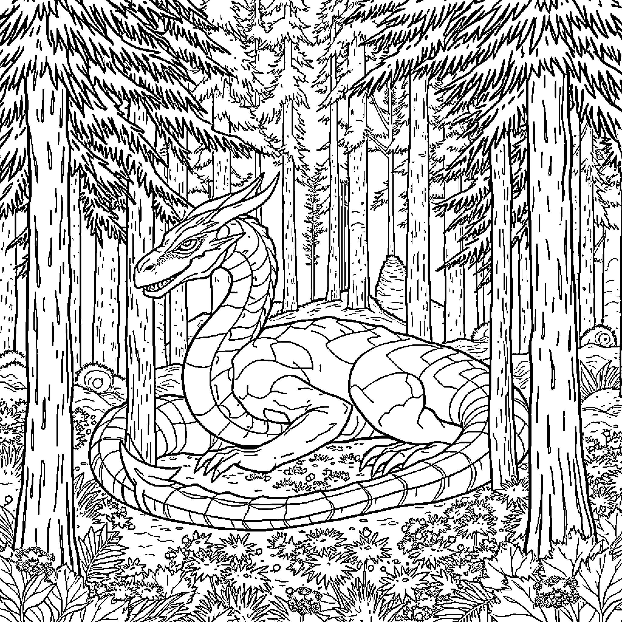 Dragon resting in the enchanted forest Coloring Page (free black-and-white line drawing printable PDF for all, from beginners to advanced learners, including children, teens, adults, and seniors)