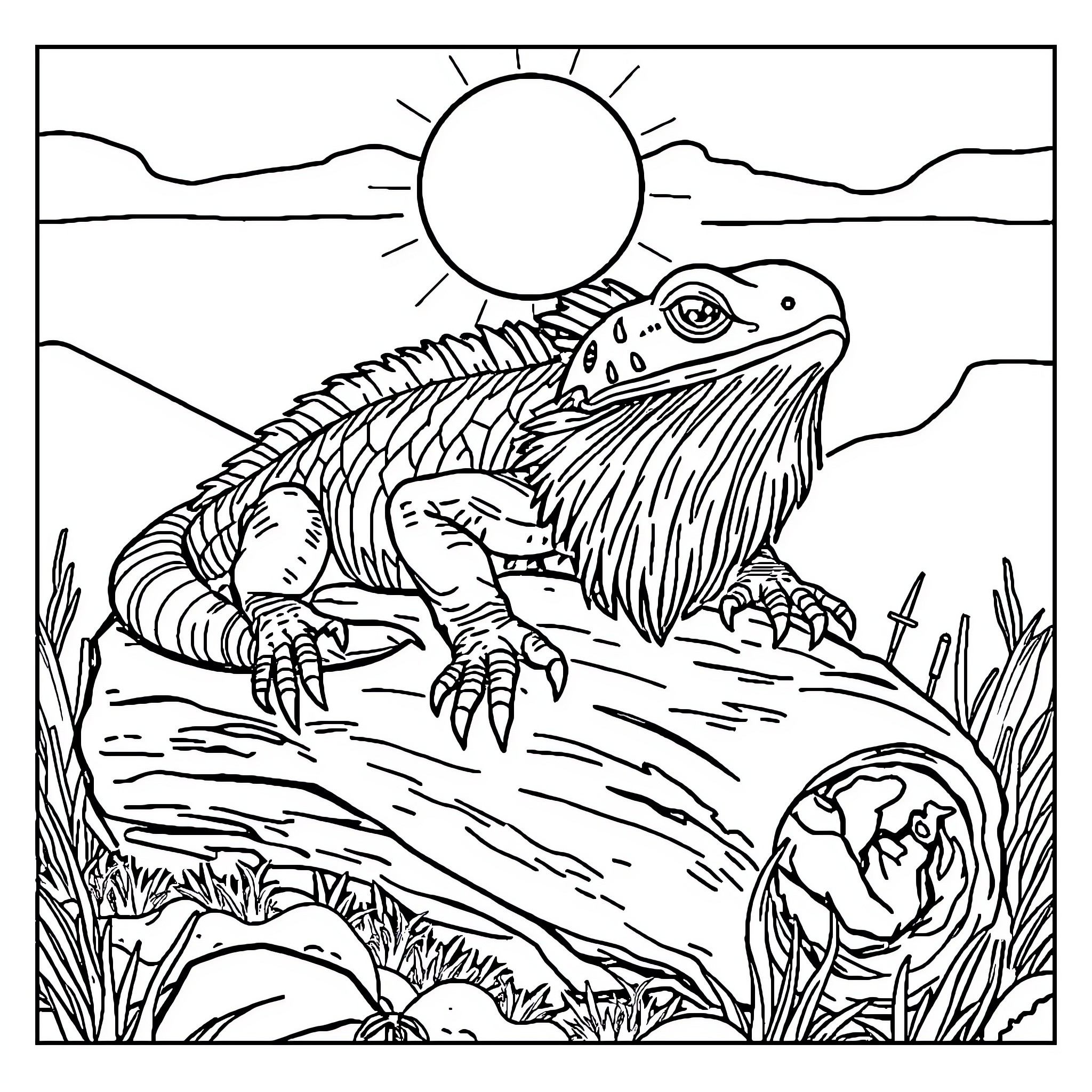 Bearded Dragon Basking in the Sunlight Coloring Page (free black-and-white line drawing printable PDF for all, from beginners to advanced learners, including children, teens, adults, and seniors)