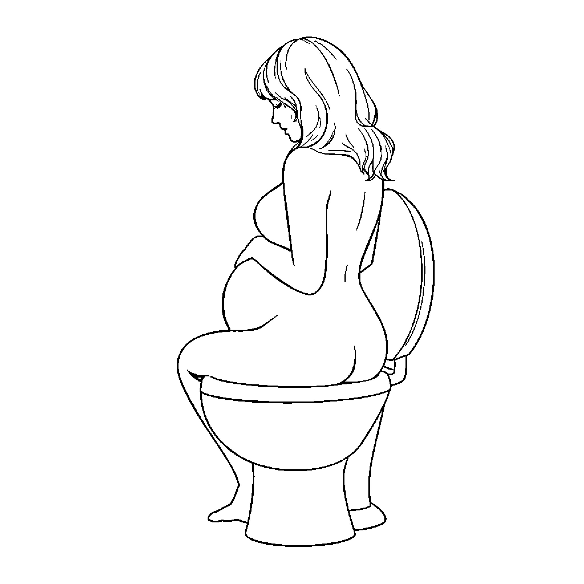 Woman sitting thoughtfully on toilet Coloring Page (free black-and-white line drawing printable PDF for all, from beginners to advanced learners, including children, teens, adults, and seniors)