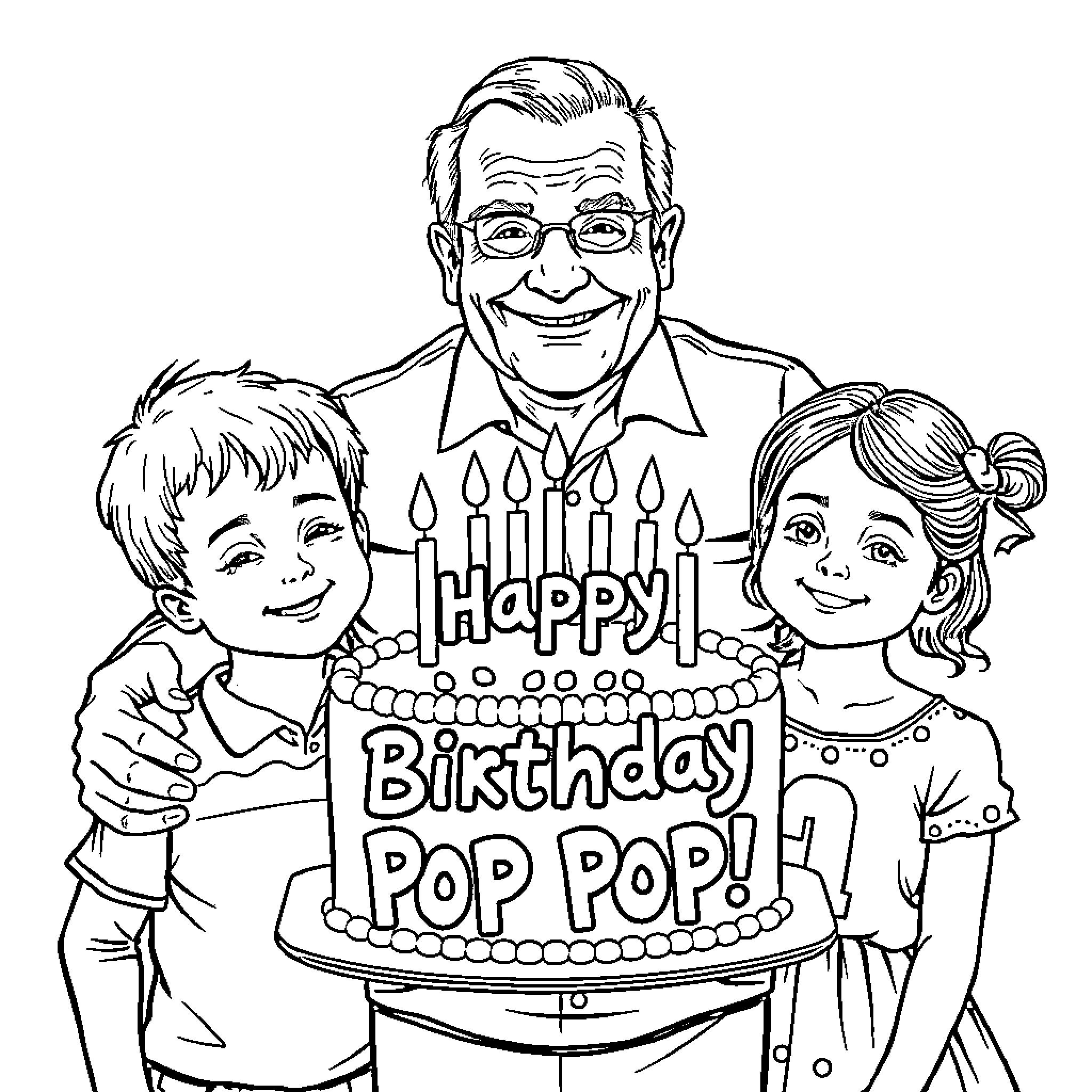 Man celebrating birthday with children Coloring Page (free black-and-white line drawing printable PDF for all, from beginners to advanced learners, including children, teens, adults, and seniors)