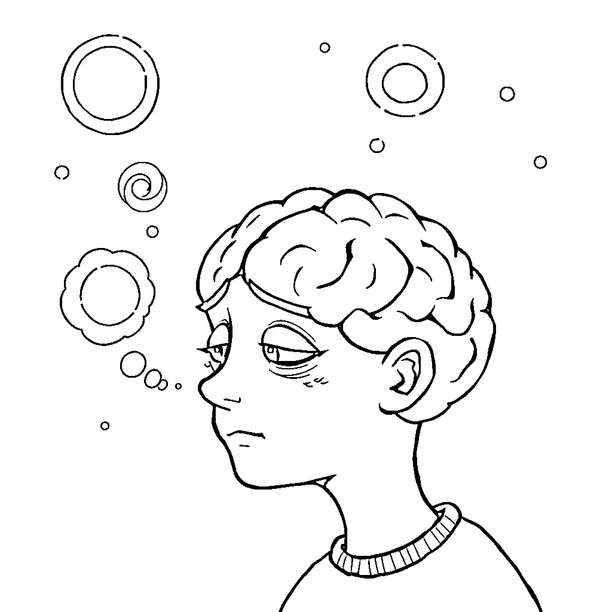 Brain in contemplation with abstract shapes Coloring Page (free black-and-white line drawing printable PDF for all, from beginners to advanced learners, including children, teens, adults, and seniors)