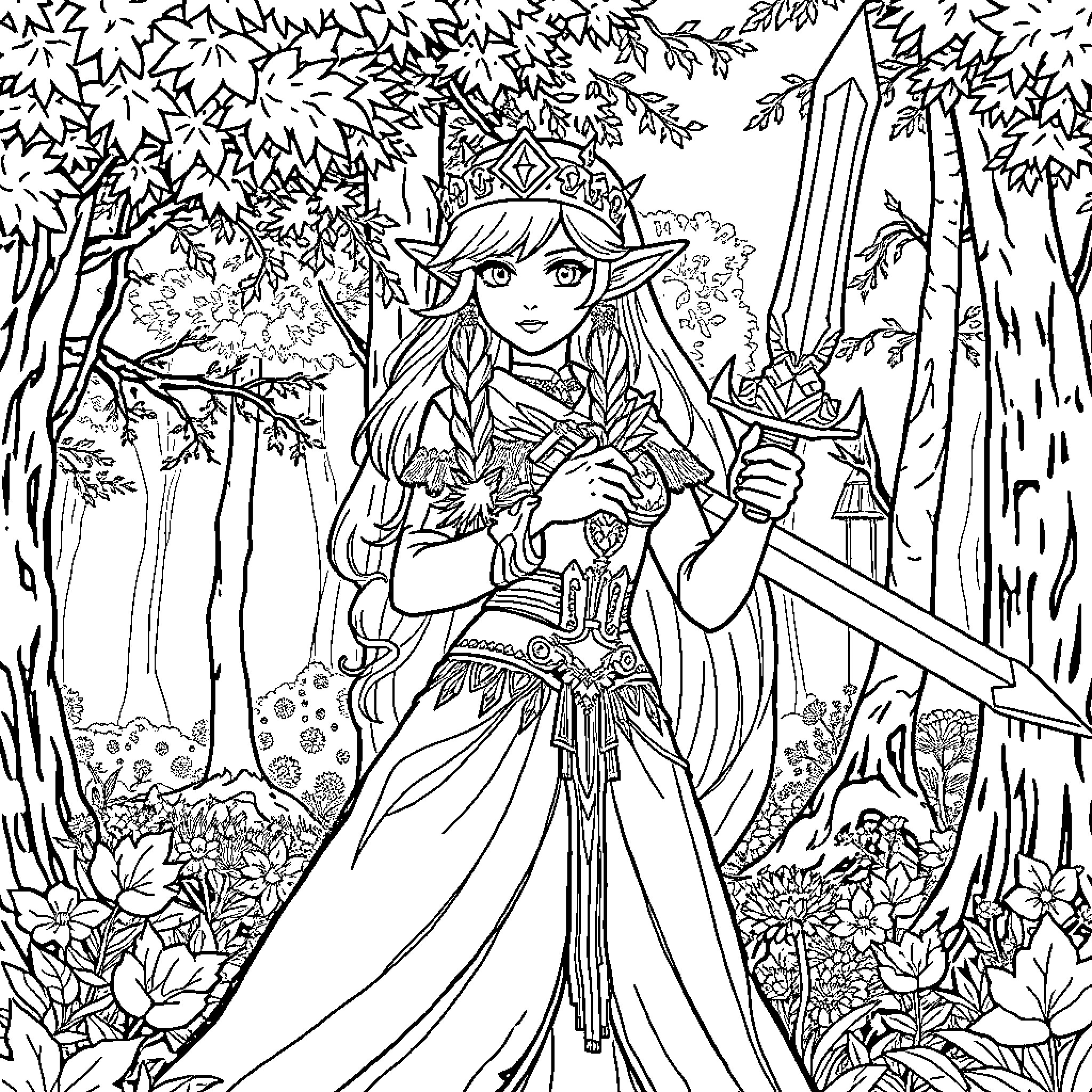 Rumi's enchanting forest adventure Coloring Page (free black-and-white line drawing printable PDF for all, from beginners to advanced learners, including children, teens, adults, and seniors)