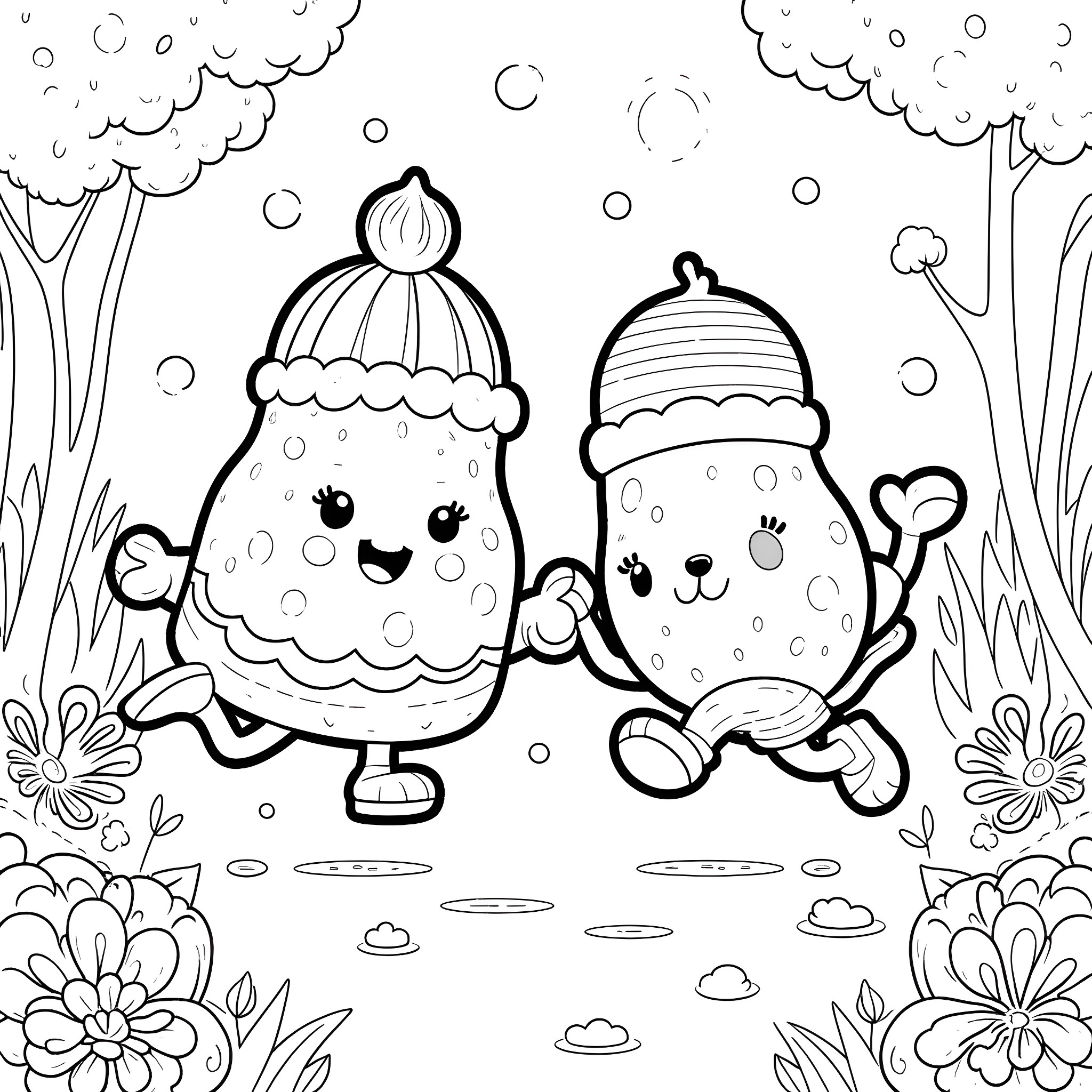 Cookie friends enjoying the snow together Coloring Page (free black-and-white line drawing printable PDF for all, from beginners to advanced learners, including children, teens, adults, and seniors)