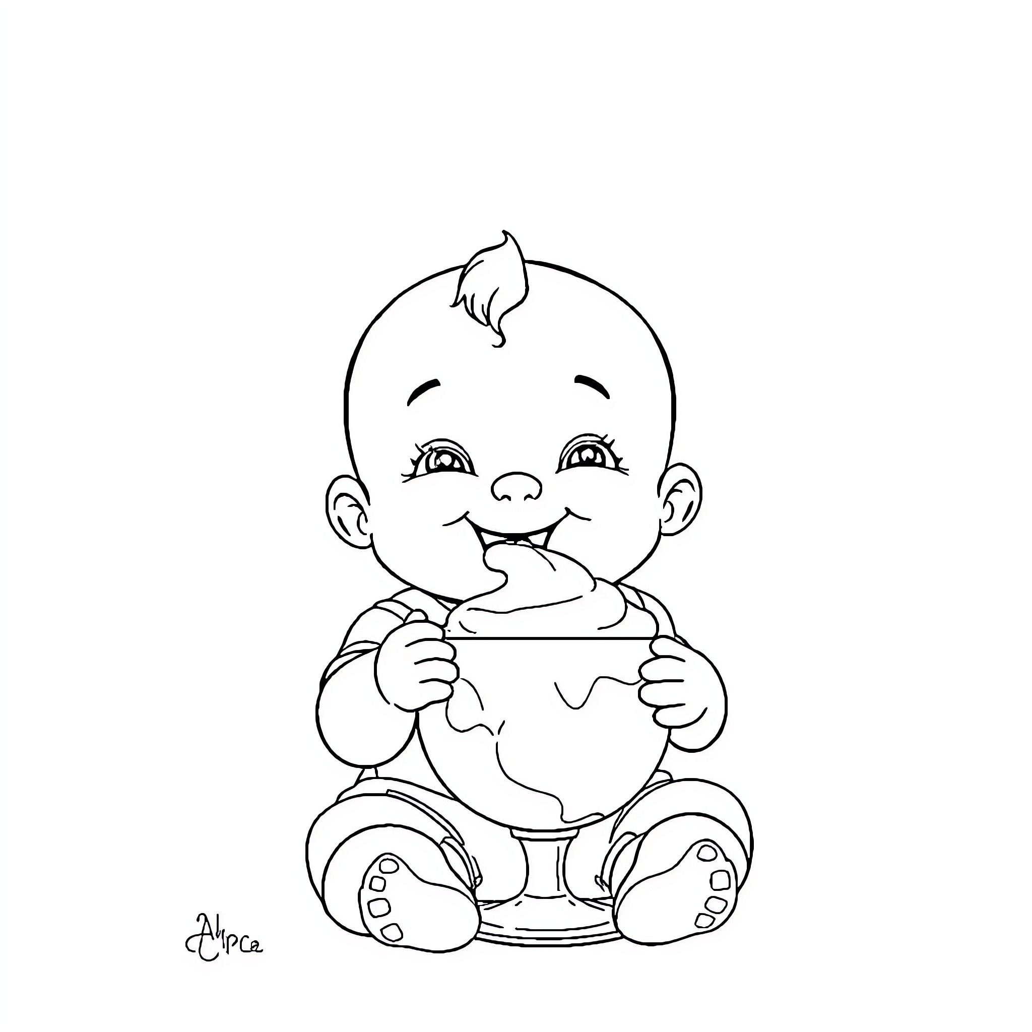 Baby Enjoying Tasty Snack Coloring Page (free black-and-white line drawing printable PDF for all, from beginners to advanced learners, including children, teens, adults, and seniors)
