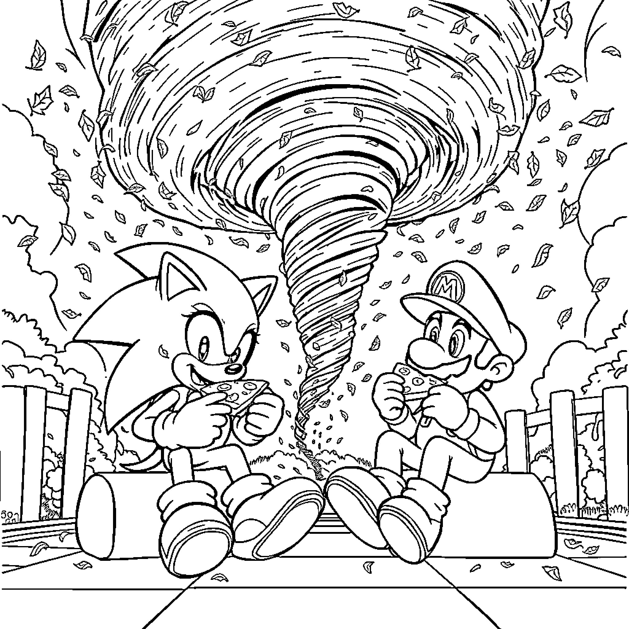 Sonic and Mario Facing a Powerful Tornado Coloring Page (free black-and-white line drawing printable PDF for all, from beginners to advanced learners, including children, teens, adults, and seniors)
