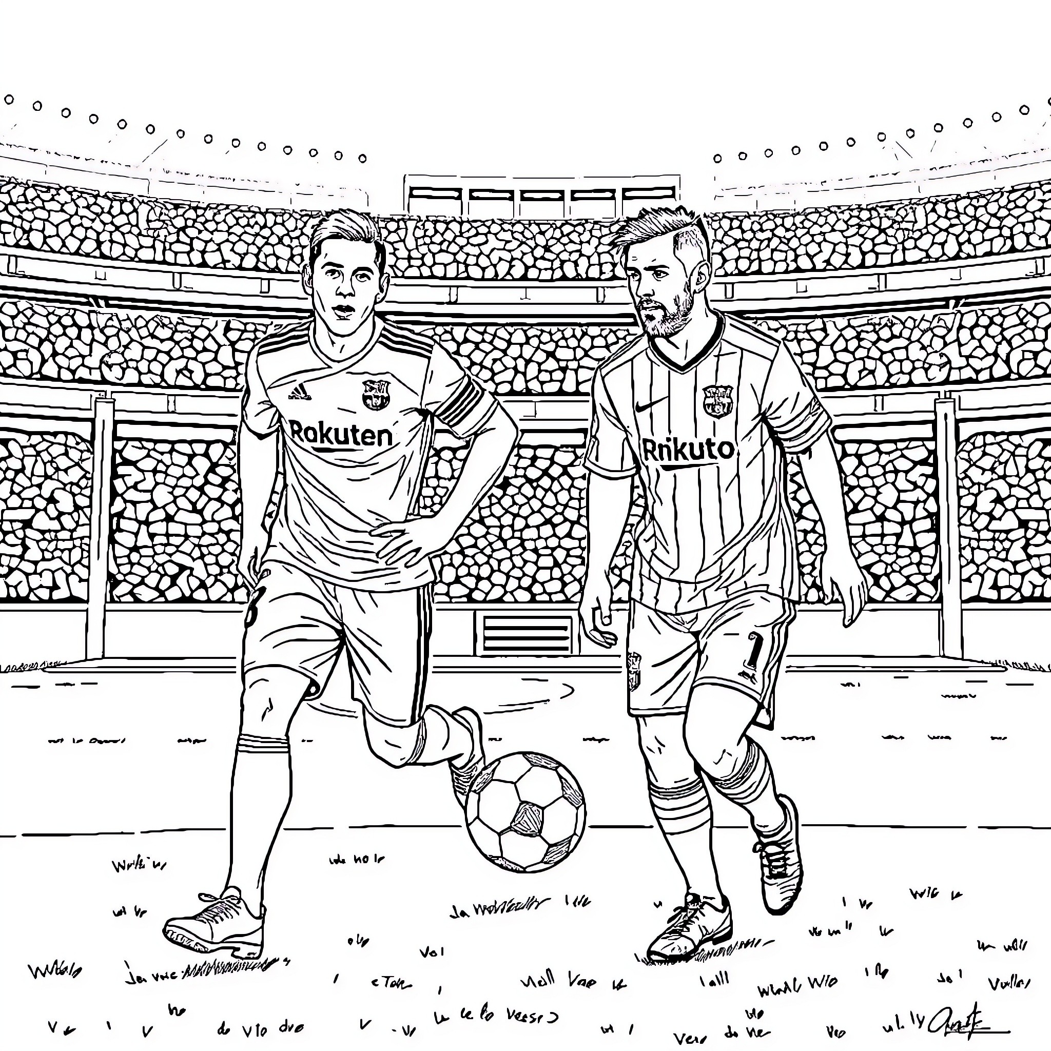 Cristiano Ronaldo and Lionel Messi face off in football stadium Coloring Page (free black-and-white line drawing printable PDF for all, from beginners to advanced learners, including children, teens, adults, and seniors)