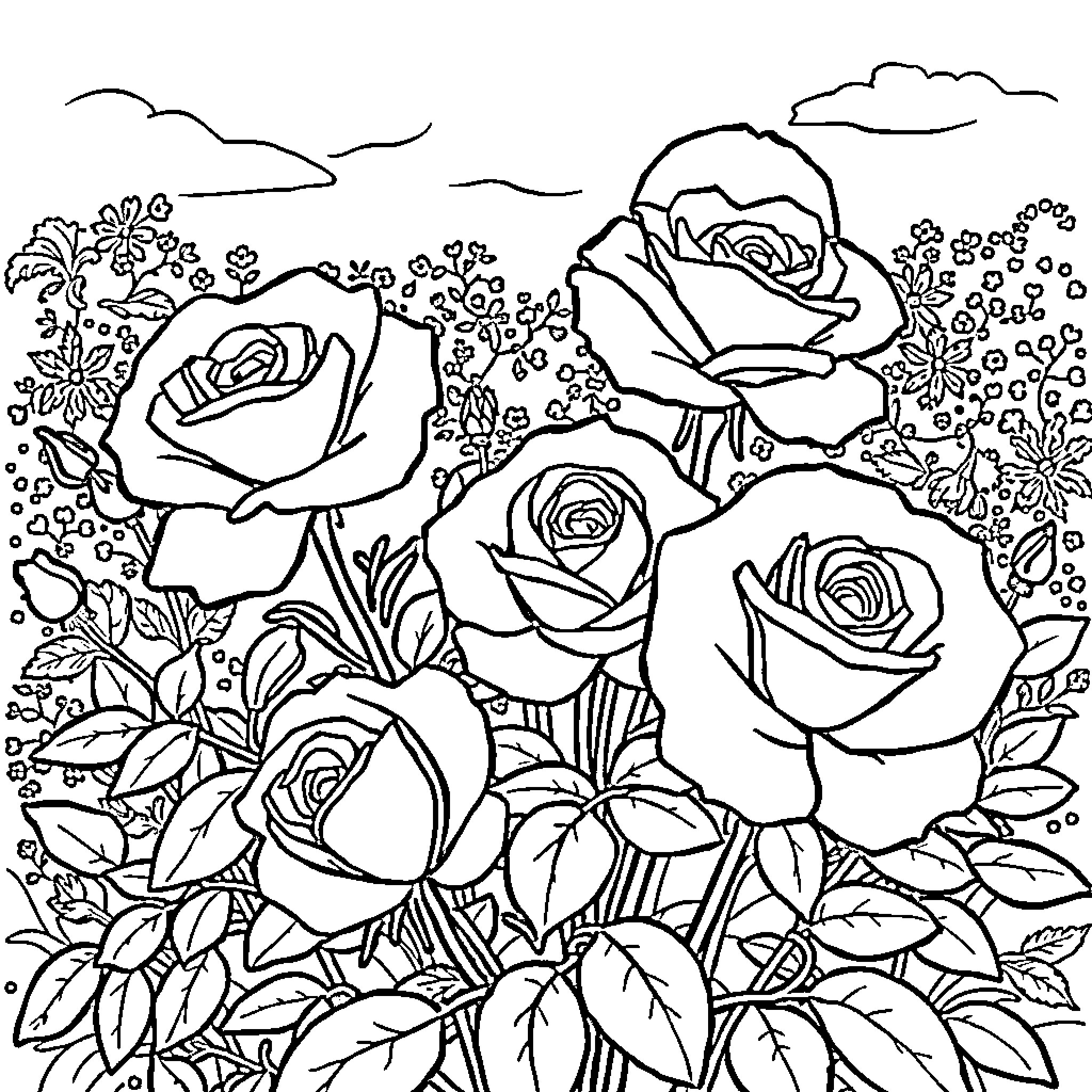 Rose garden in bloom with floral patterns Coloring Page (free black-and-white line drawing printable PDF for all, from beginners to advanced learners, including children, teens, adults, and seniors)
