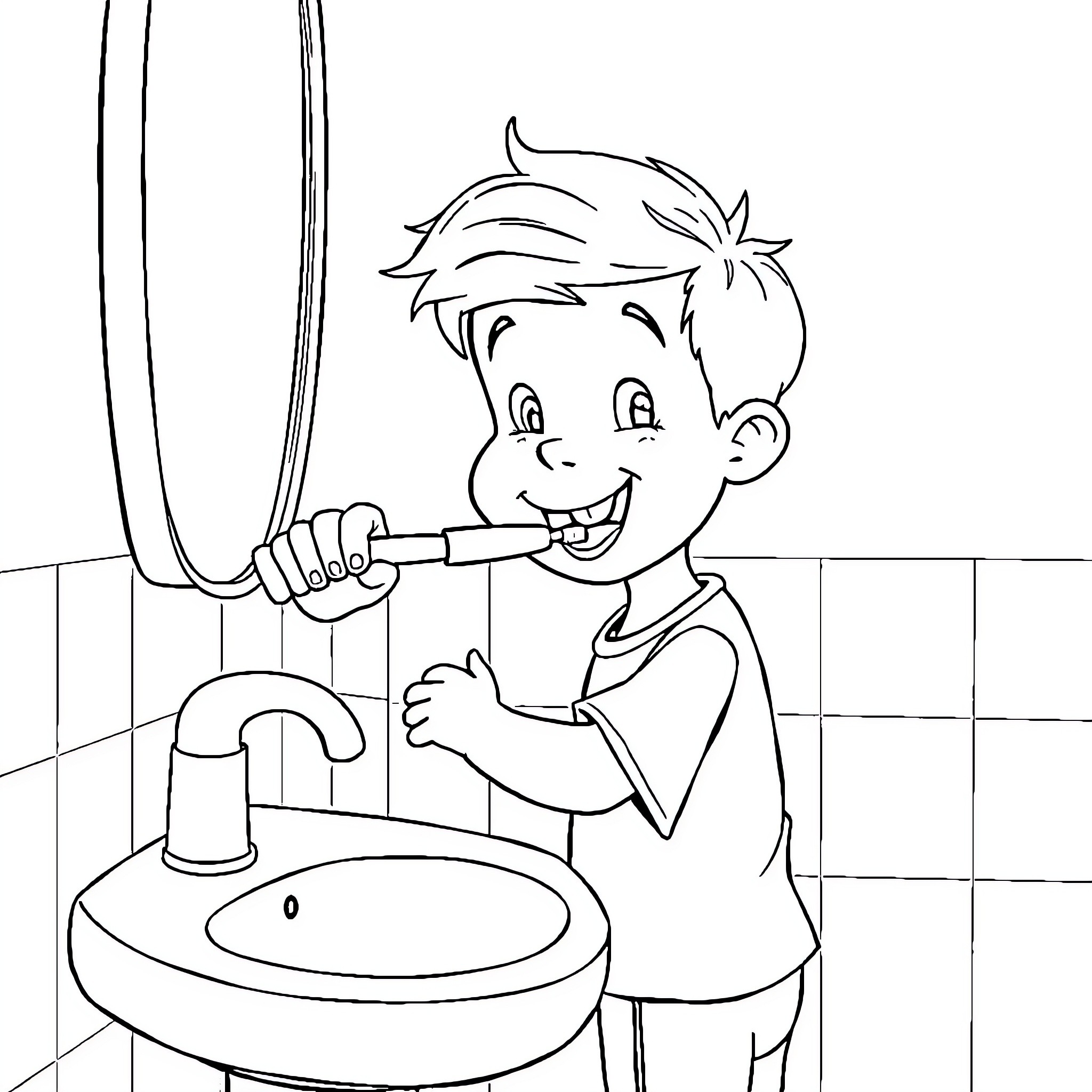 Boy brushing teeth happily in the bathroom Coloring Page (free black-and-white line drawing printable PDF for all, from beginners to advanced learners, including children, teens, adults, and seniors)